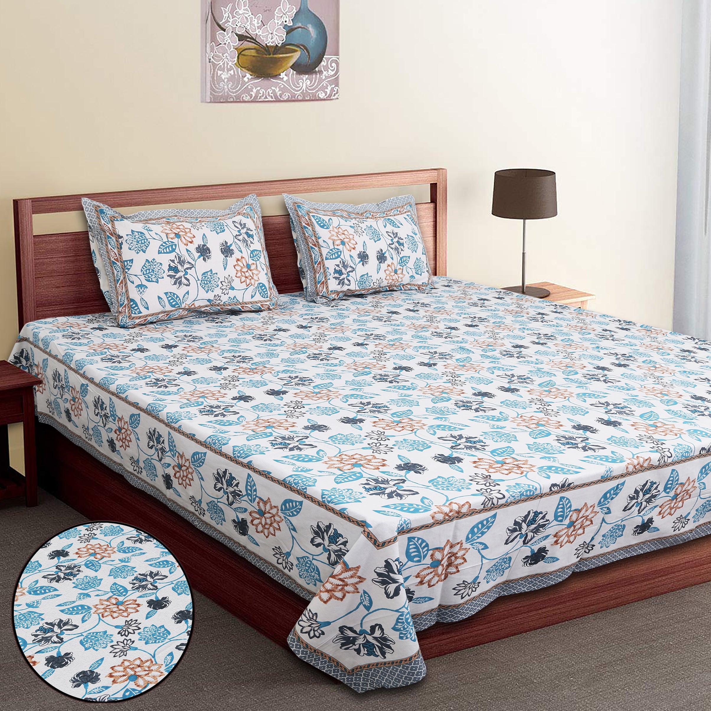 Artistic Floral Cotton Bedsheet Set | 100% Cotton | 70x100 Inches with 2 Pillow Covers