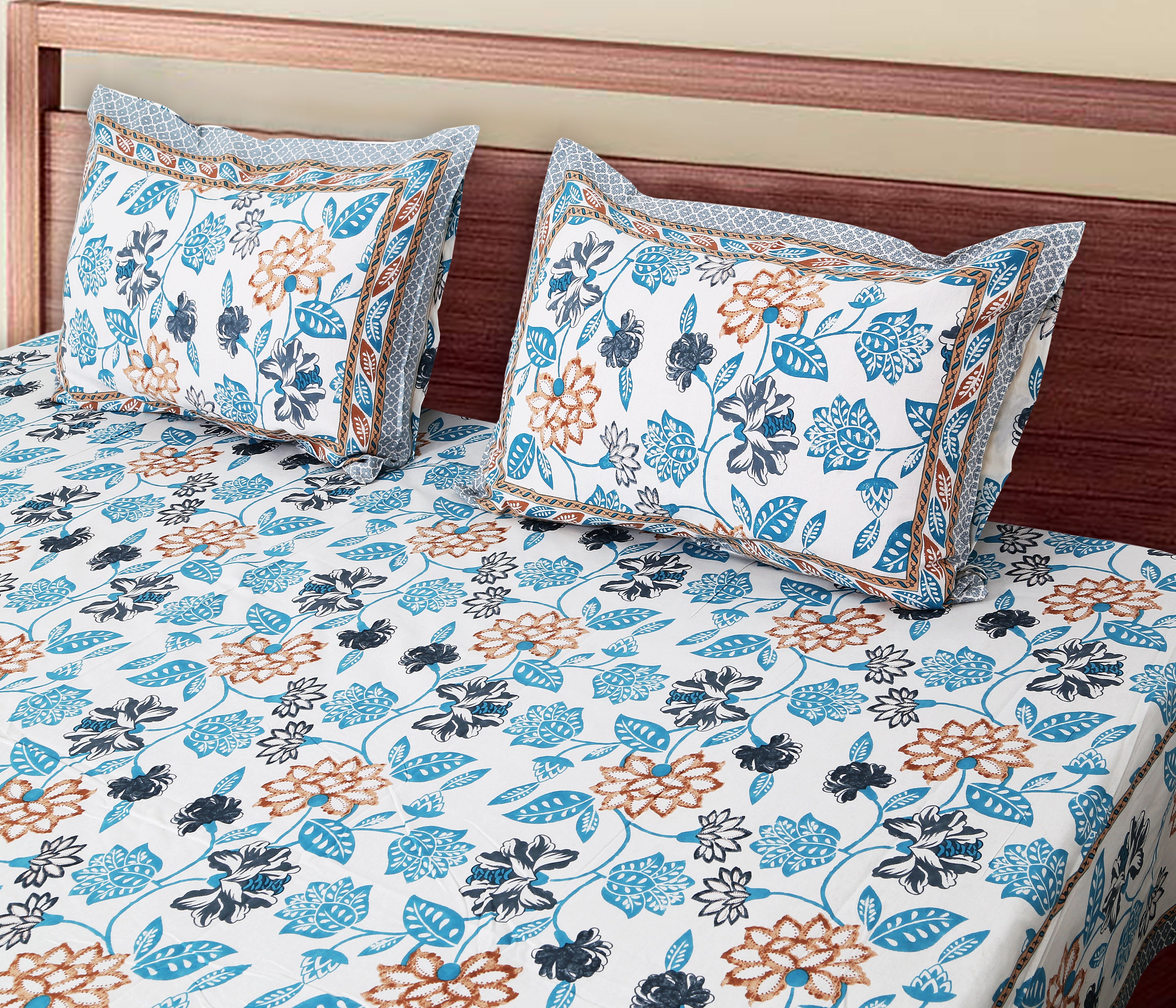 Artistic Floral Cotton Bedsheet Set | 100% Cotton | 70x100 Inches with 2 Pillow Covers