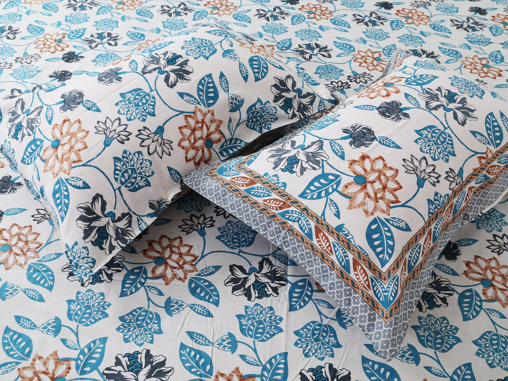 Artistic Floral Cotton Bedsheet Set | 100% Cotton | 70x100 Inches with 2 Pillow Covers
