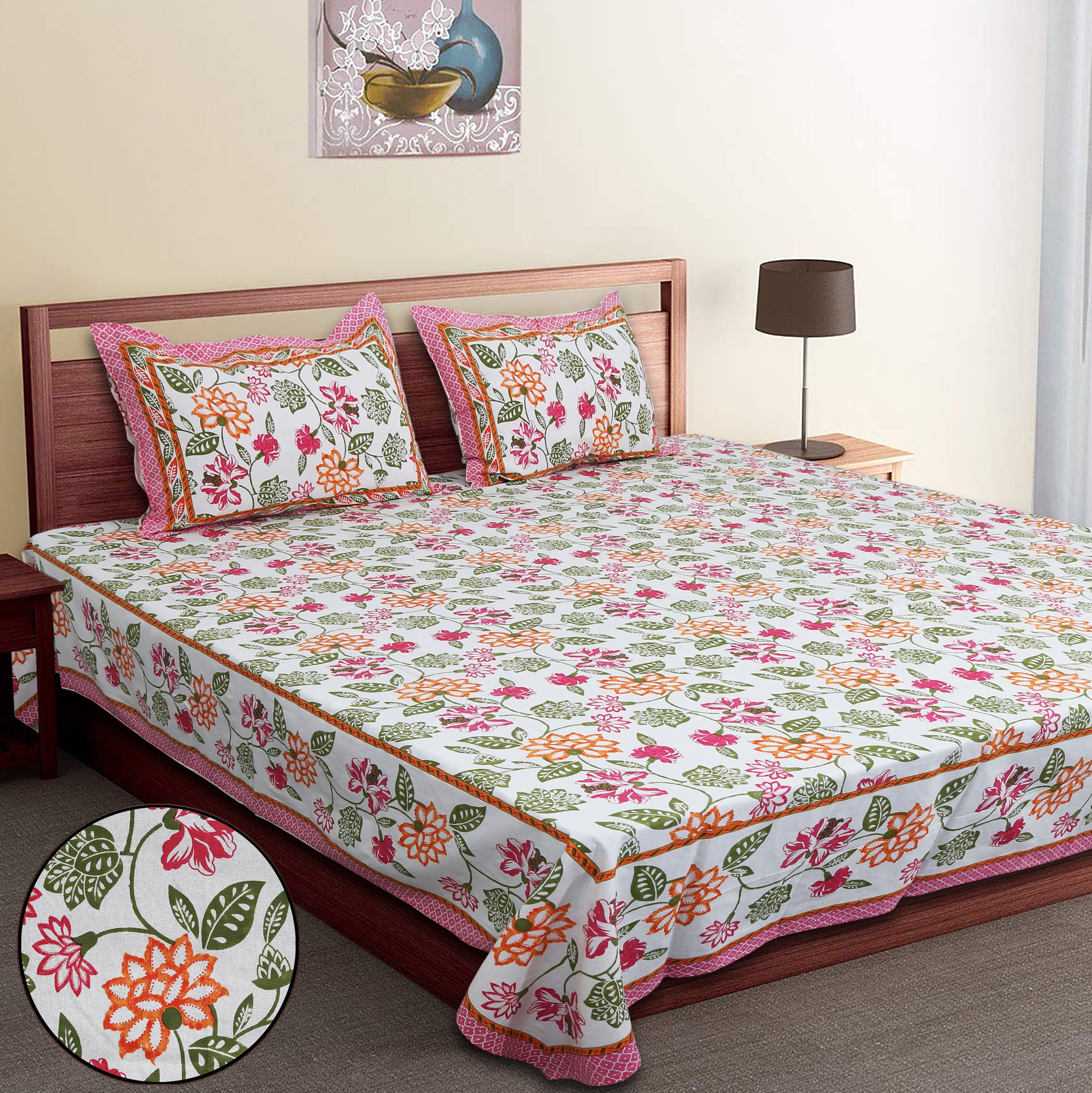 Artistic Floral Cotton Bedsheet Set | 100% Cotton | 70x100 Inches with 2 Pillow Covers