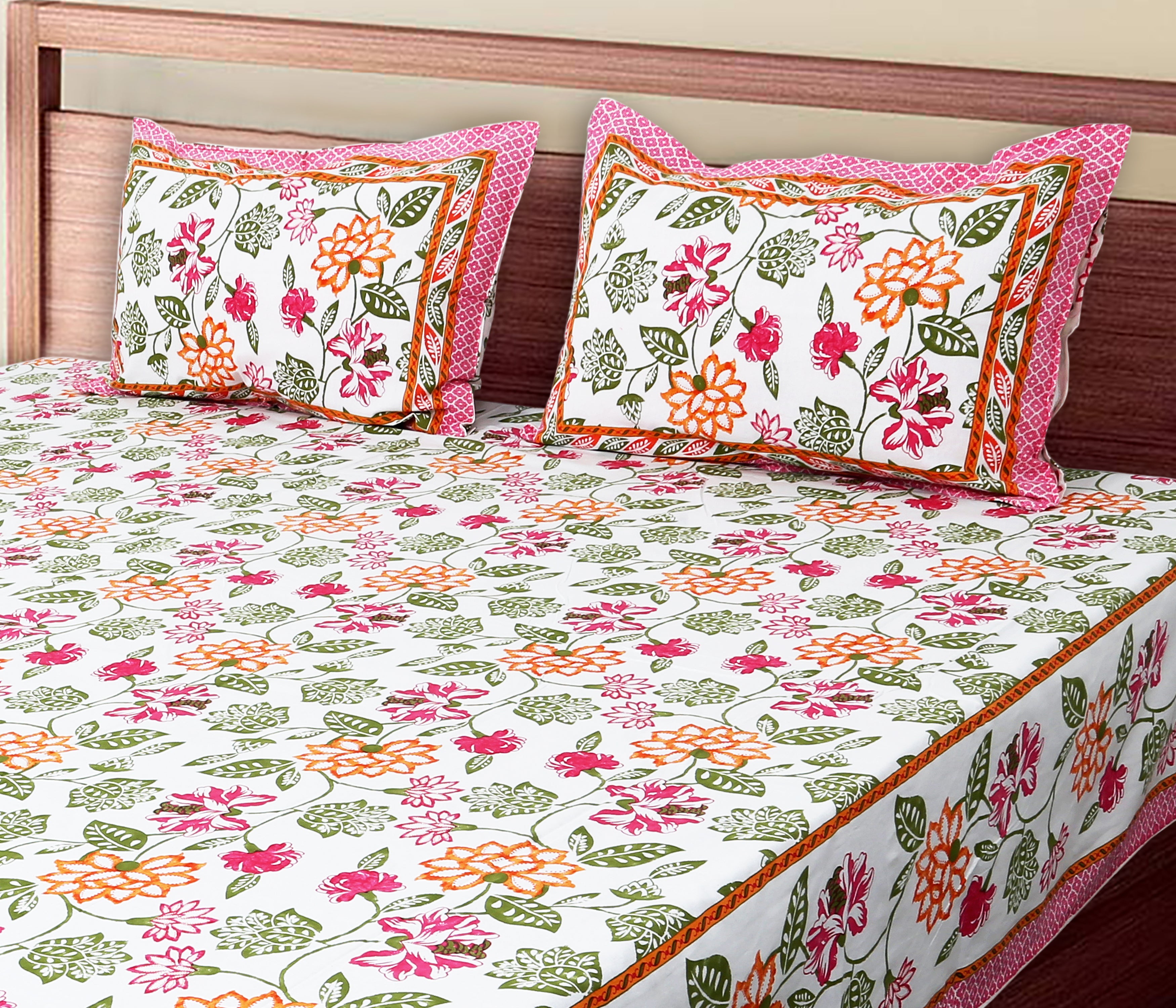 Artistic Floral Cotton Bedsheet Set | 100% Cotton | 70x100 Inches with 2 Pillow Covers