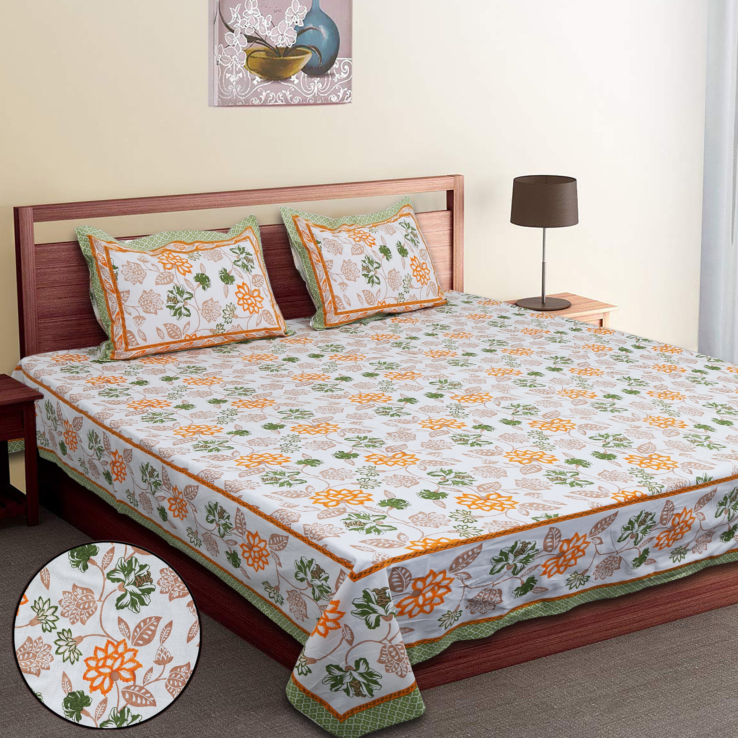 Artistic Floral Cotton Bedsheet Set | 100% Cotton | 70x100 Inches with 2 Pillow Covers