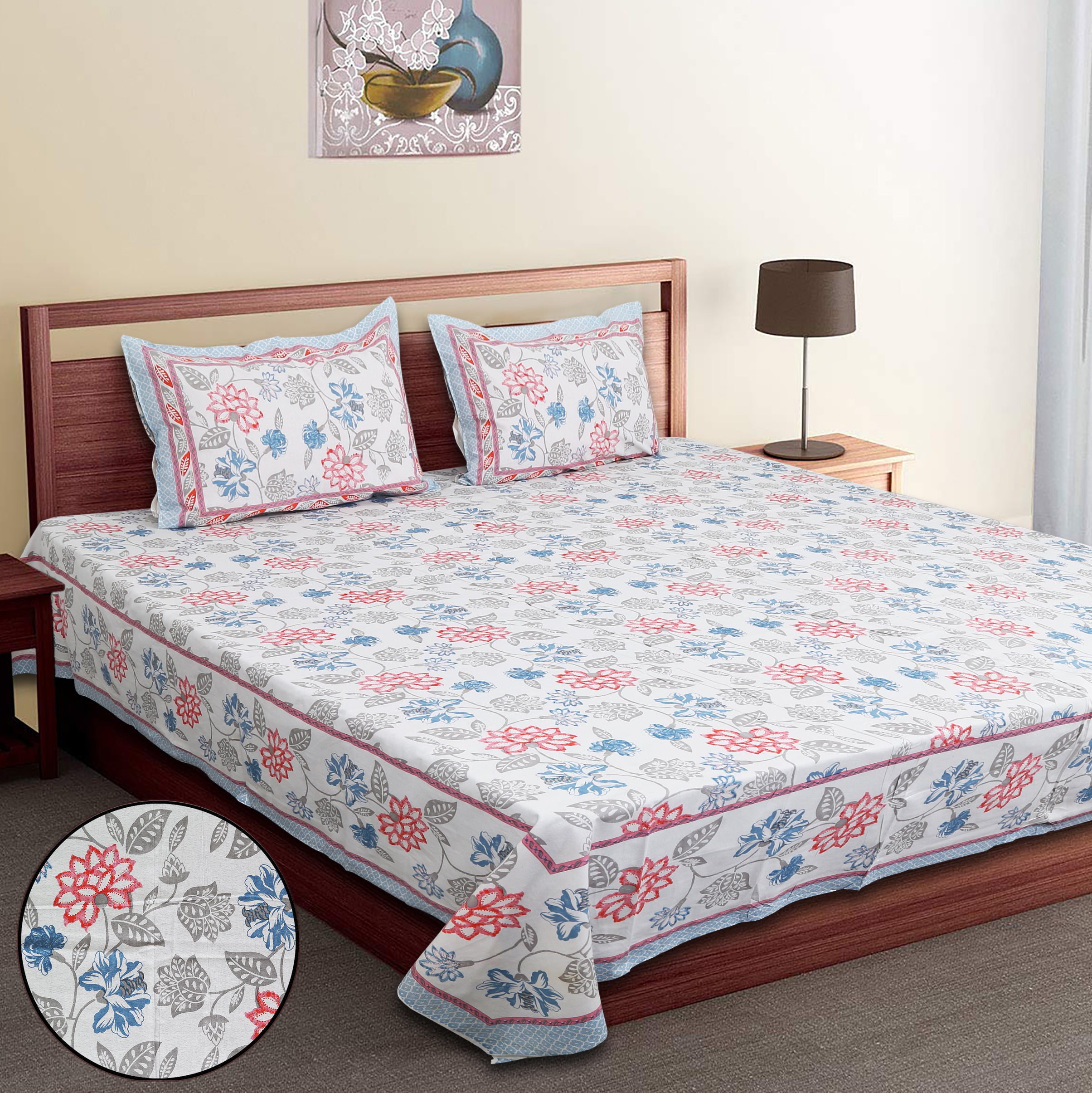 Artistic Floral Cotton Bedsheet Set | 100% Cotton | 70x100 Inches with 2 Pillow Covers
