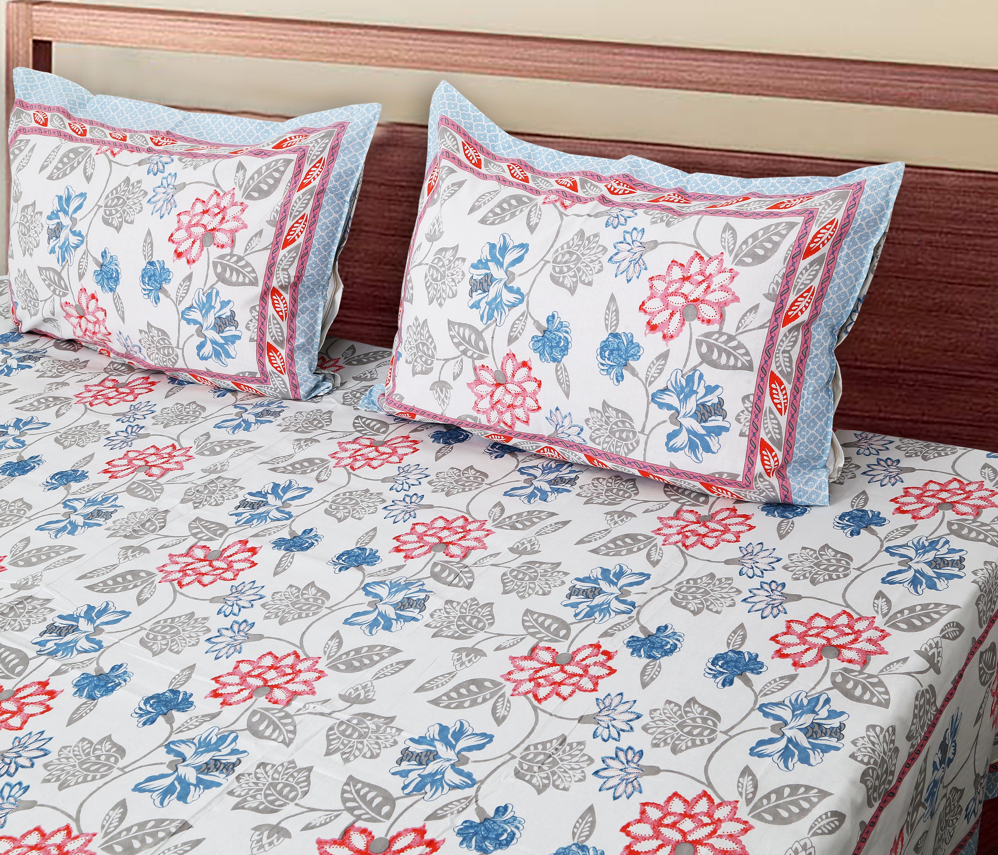 Artistic Floral Cotton Bedsheet Set | 100% Cotton | 70x100 Inches with 2 Pillow Covers