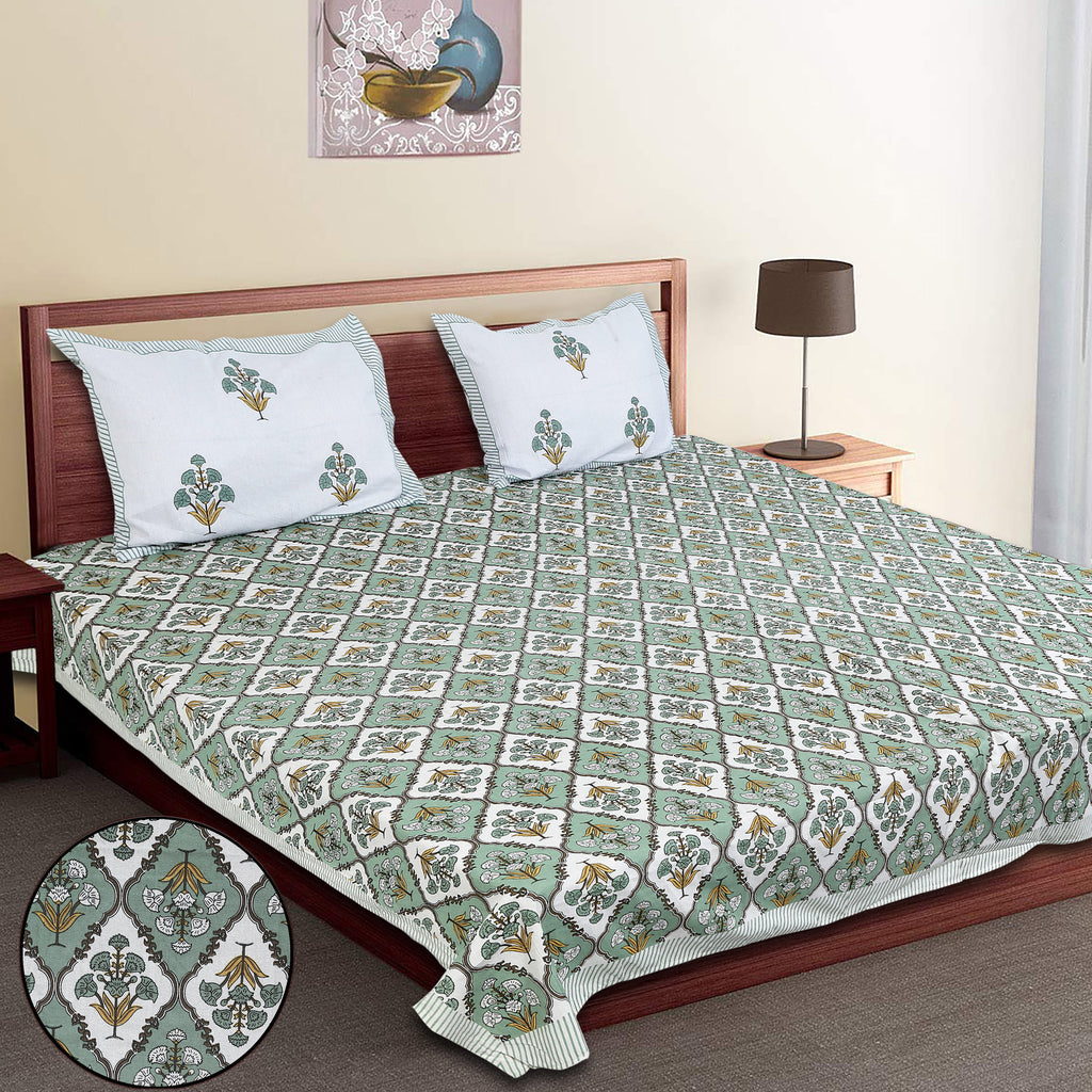 Eco Collection Cotton Double Bedsheet with Pillow Covers | Ethnic Block Print | 90x100 Inches
