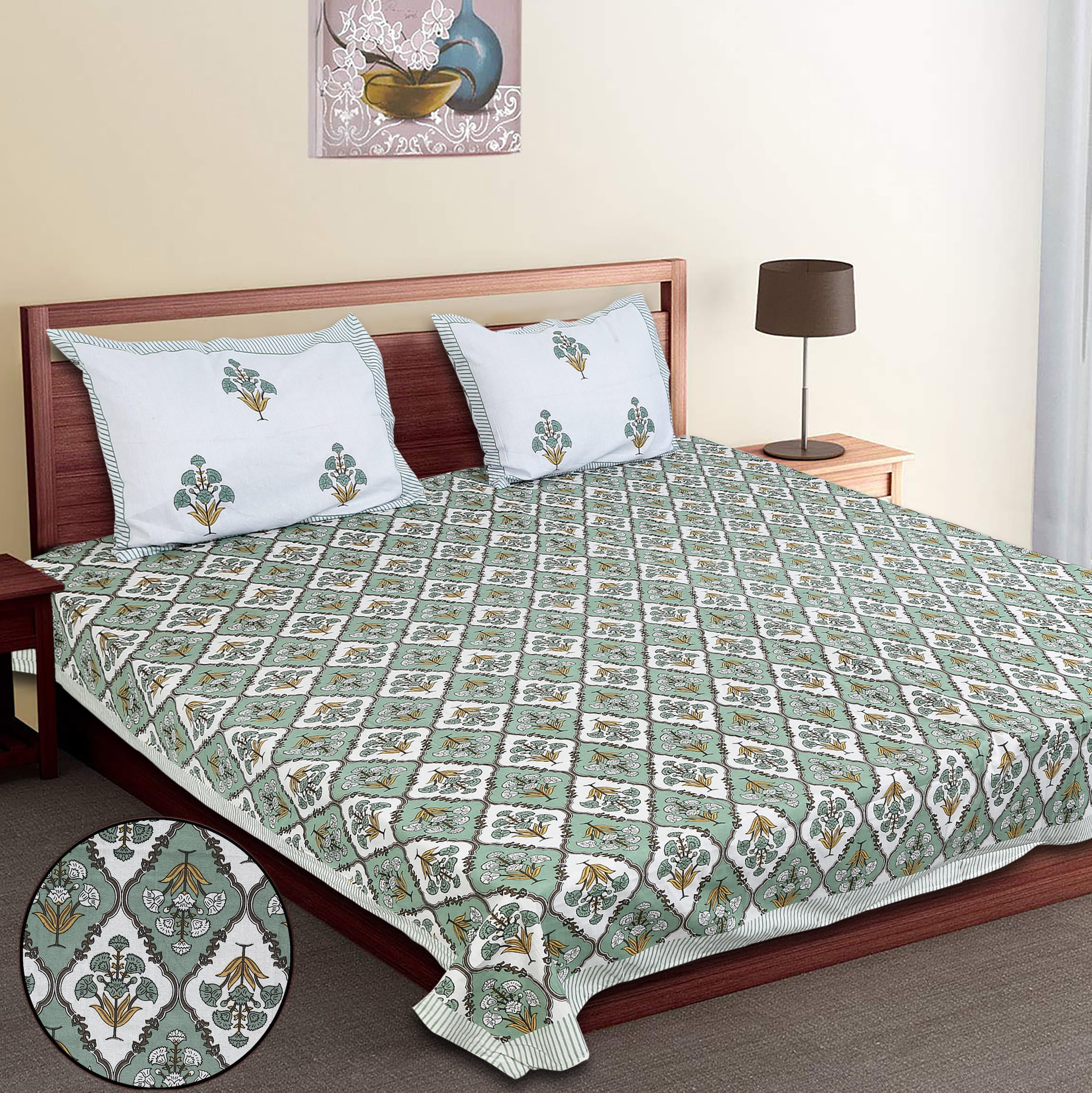 Eco Collection Cotton Double Bedsheet with Pillow Covers | Ethnic Block Print | 90x100 Inches