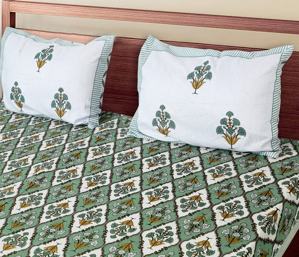 Eco Collection Cotton Double Bedsheet with Pillow Covers | Ethnic Block Print | 90x100 Inches