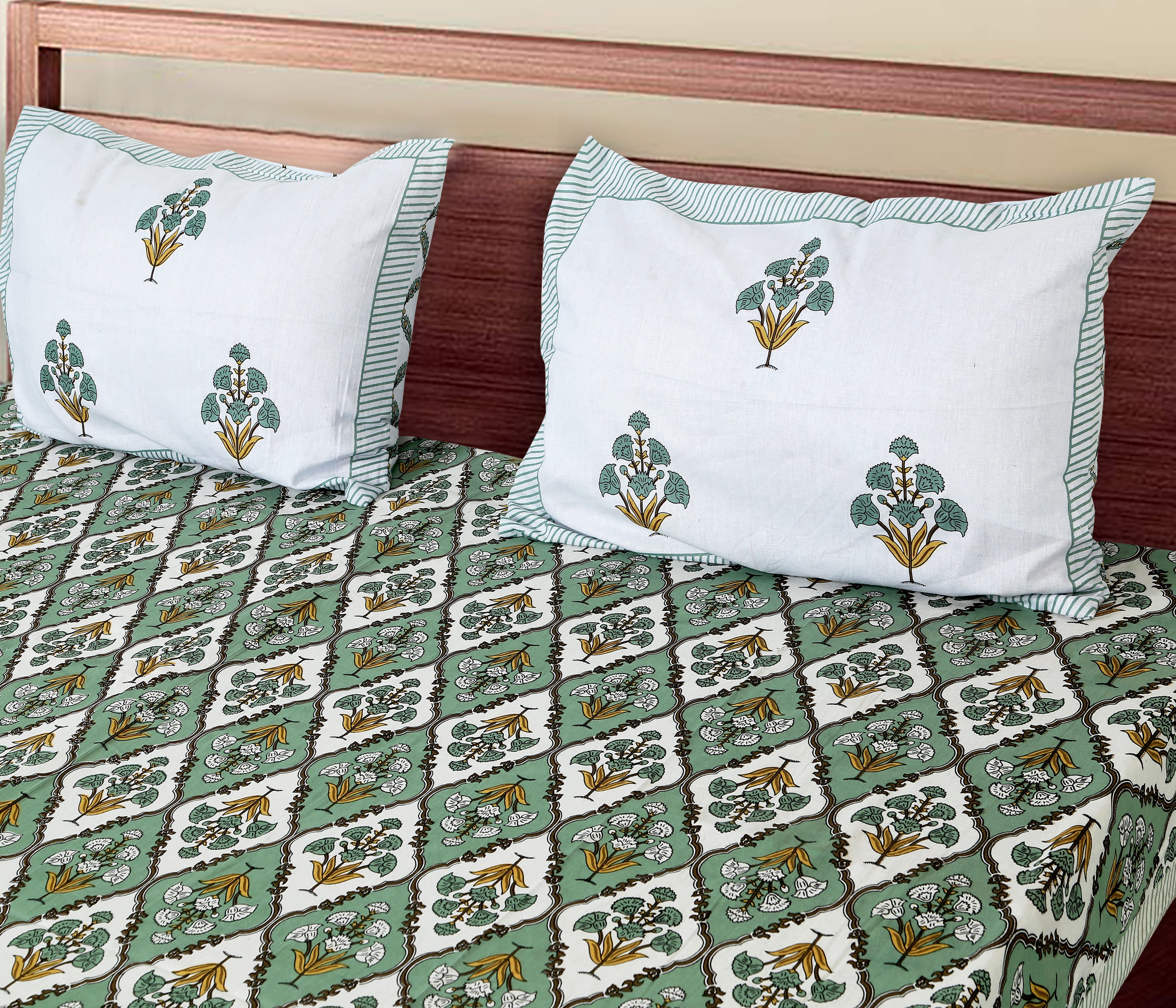 Eco Collection Cotton Double Bedsheet with Pillow Covers | Ethnic Block Print | 90x100 Inches