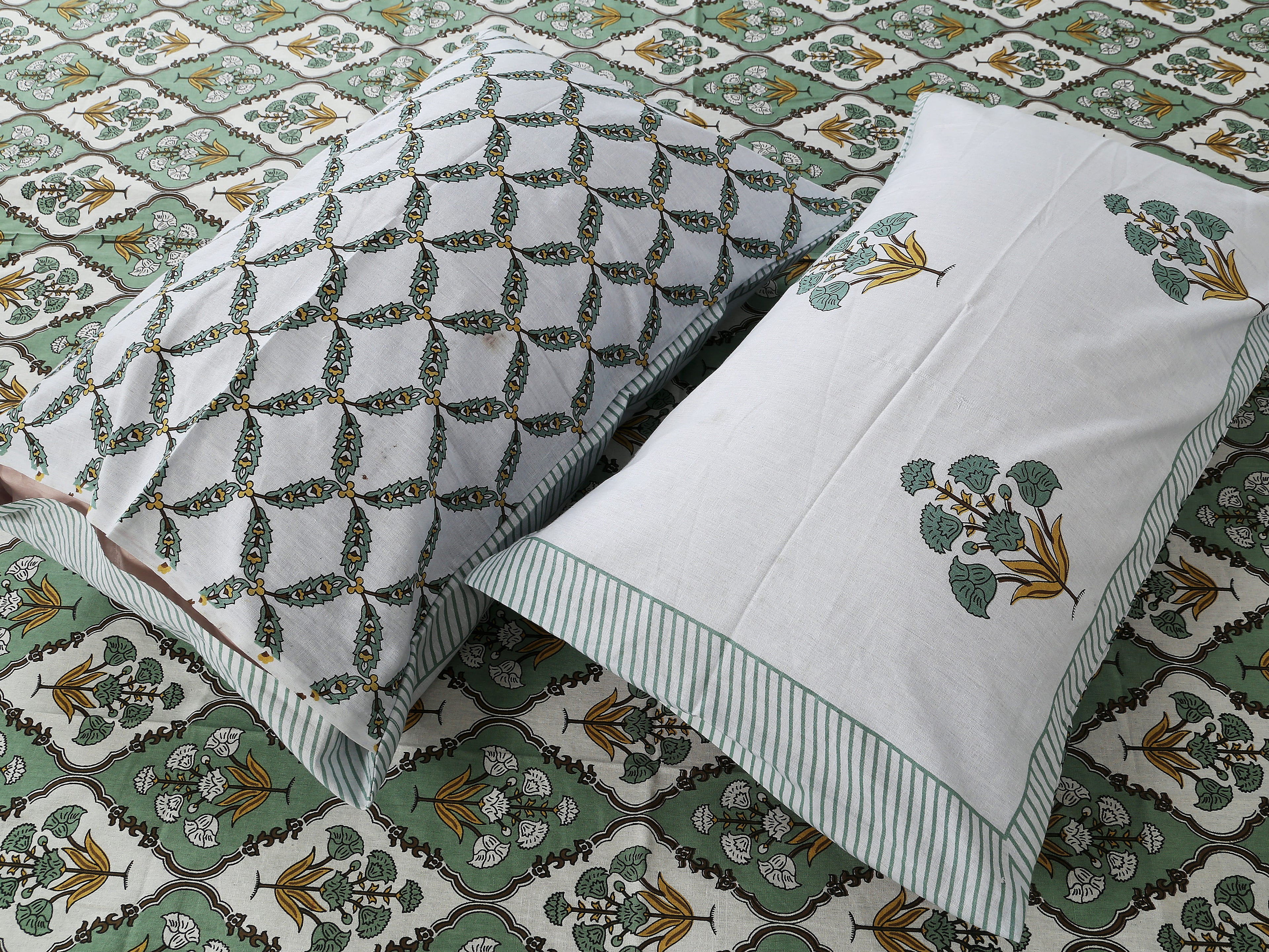 Eco Collection Cotton Double Bedsheet with Pillow Covers | Ethnic Block Print | 90x100 Inches