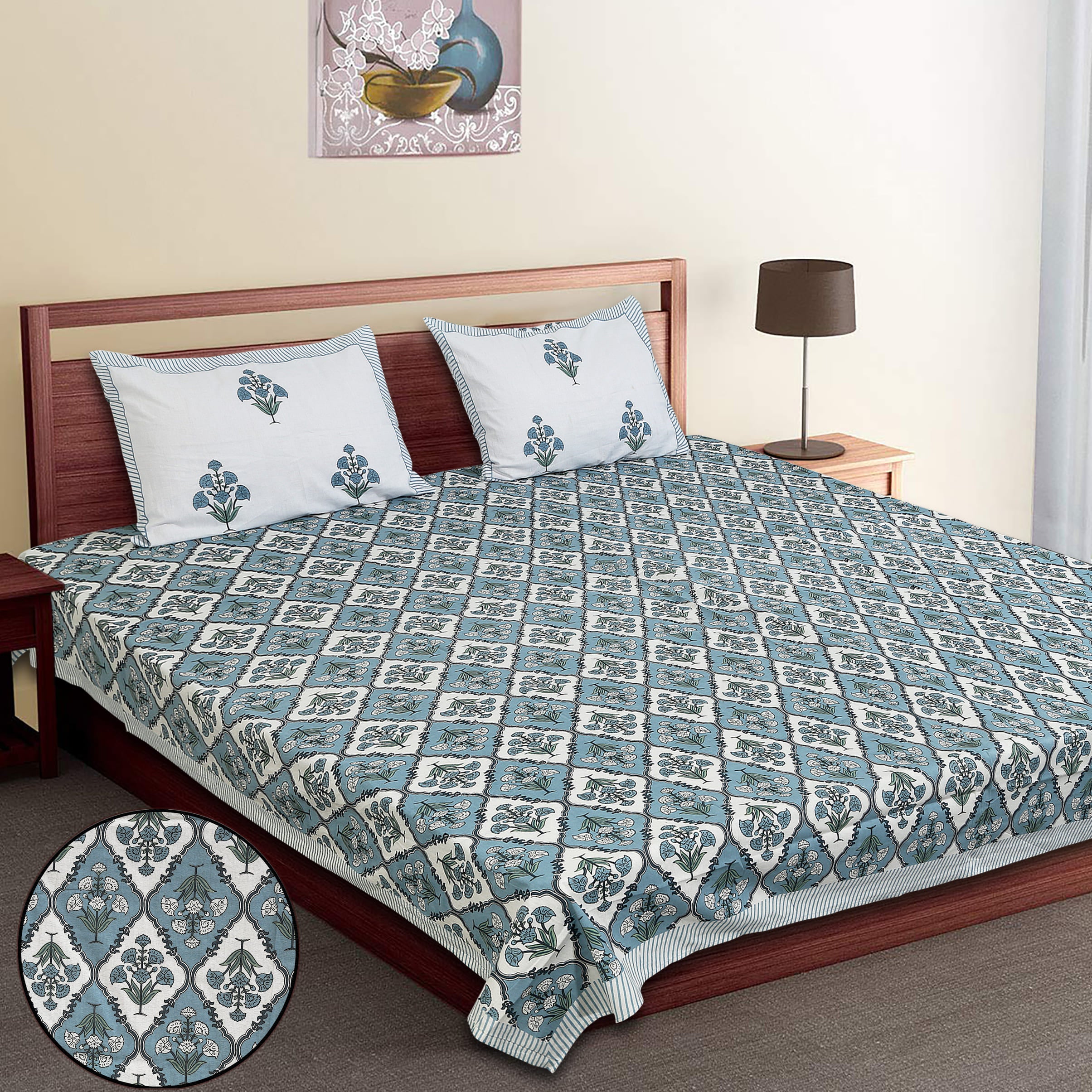 Eco Collection Cotton Double Bedsheet with Pillow Covers | Ethnic Block Print | 90x100 Inches