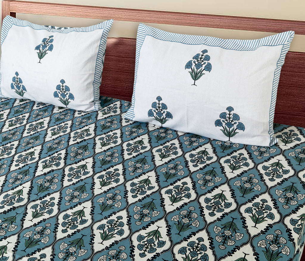 Eco Collection Cotton Double Bedsheet with Pillow Covers | Ethnic Block Print | 90x100 Inches