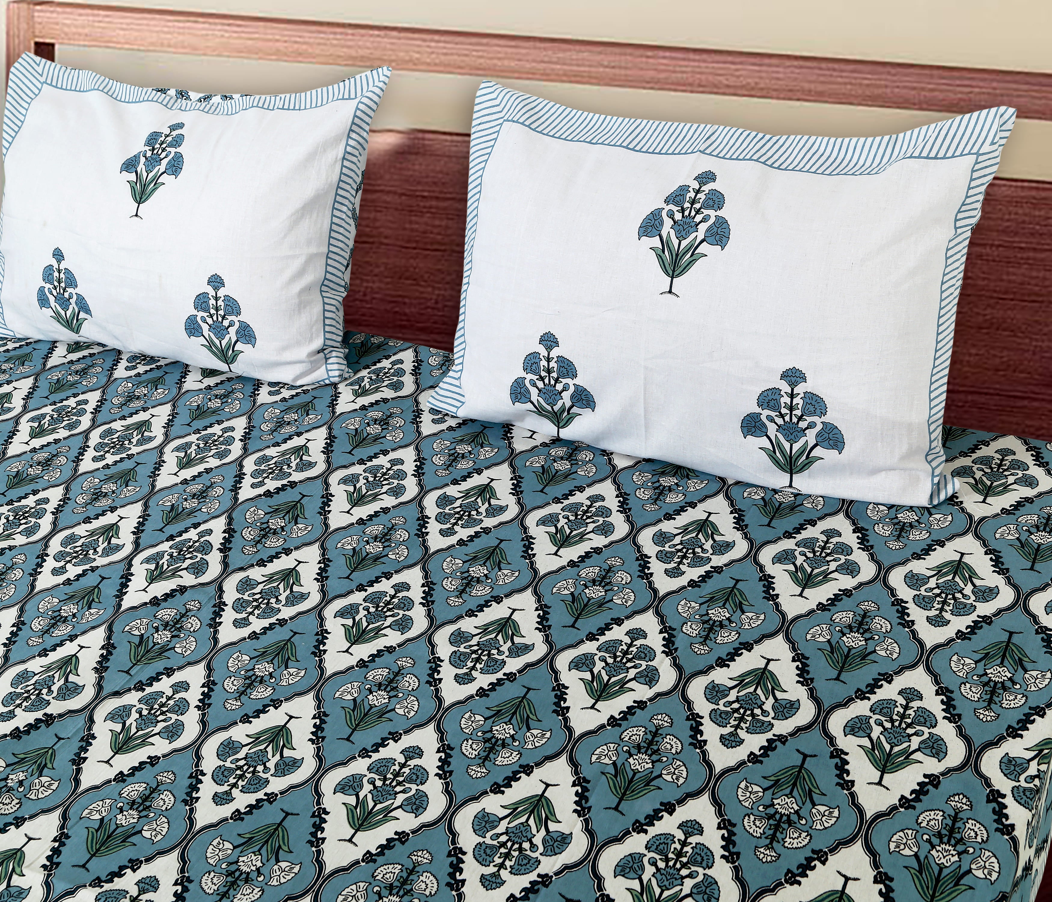 Eco Collection Cotton Double Bedsheet with Pillow Covers | Ethnic Block Print | 90x100 Inches