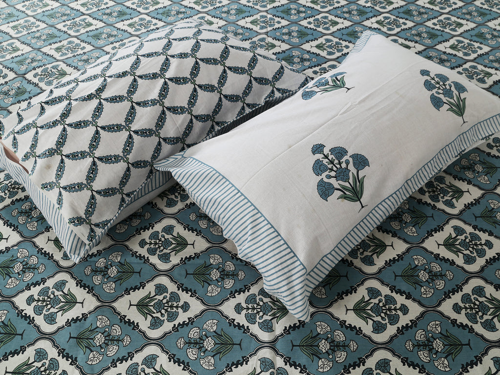 Eco Collection Cotton Double Bedsheet with Pillow Covers | Ethnic Block Print | 90x100 Inches