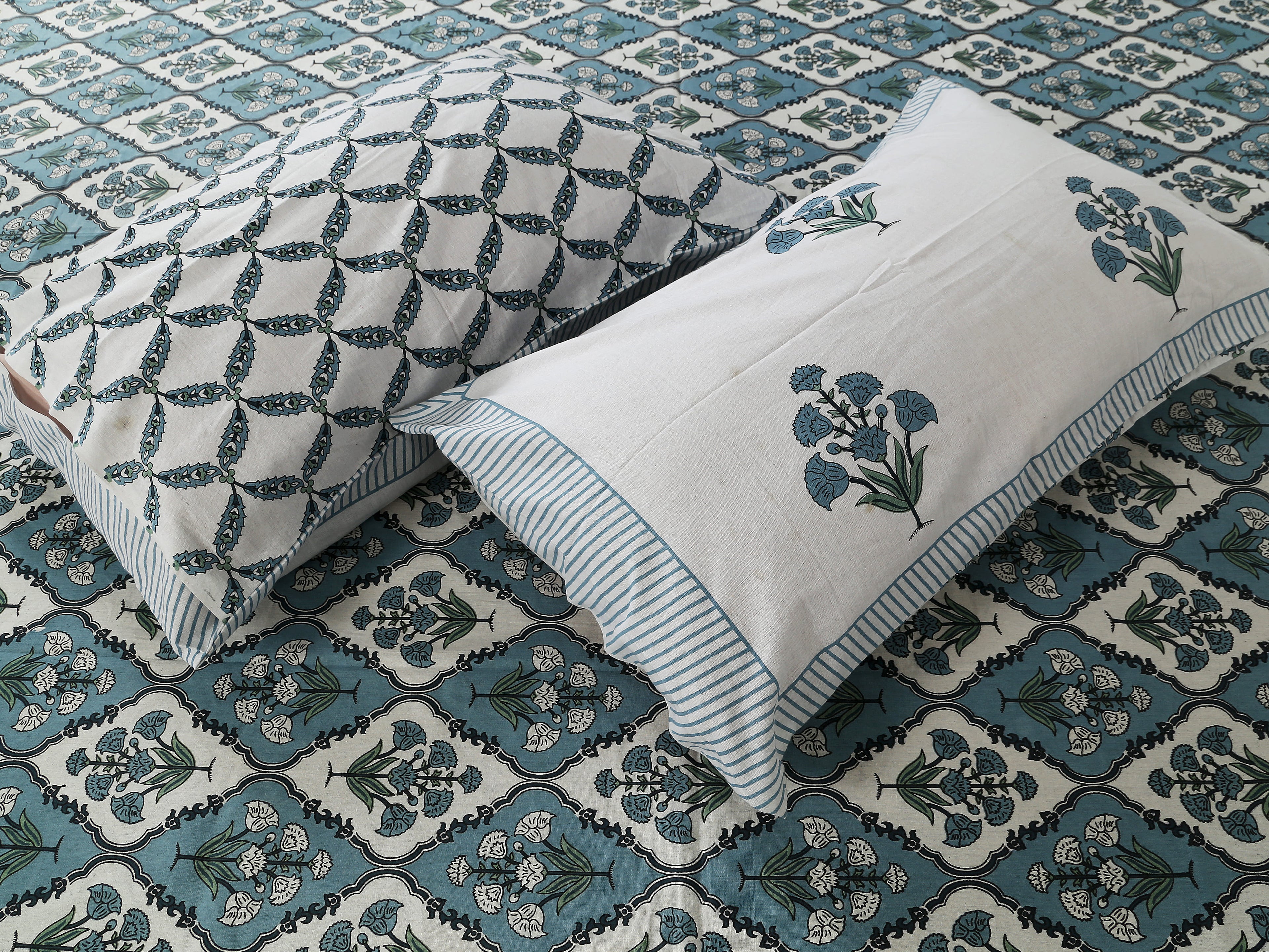Eco Collection Cotton Double Bedsheet with Pillow Covers | Ethnic Block Print | 90x100 Inches