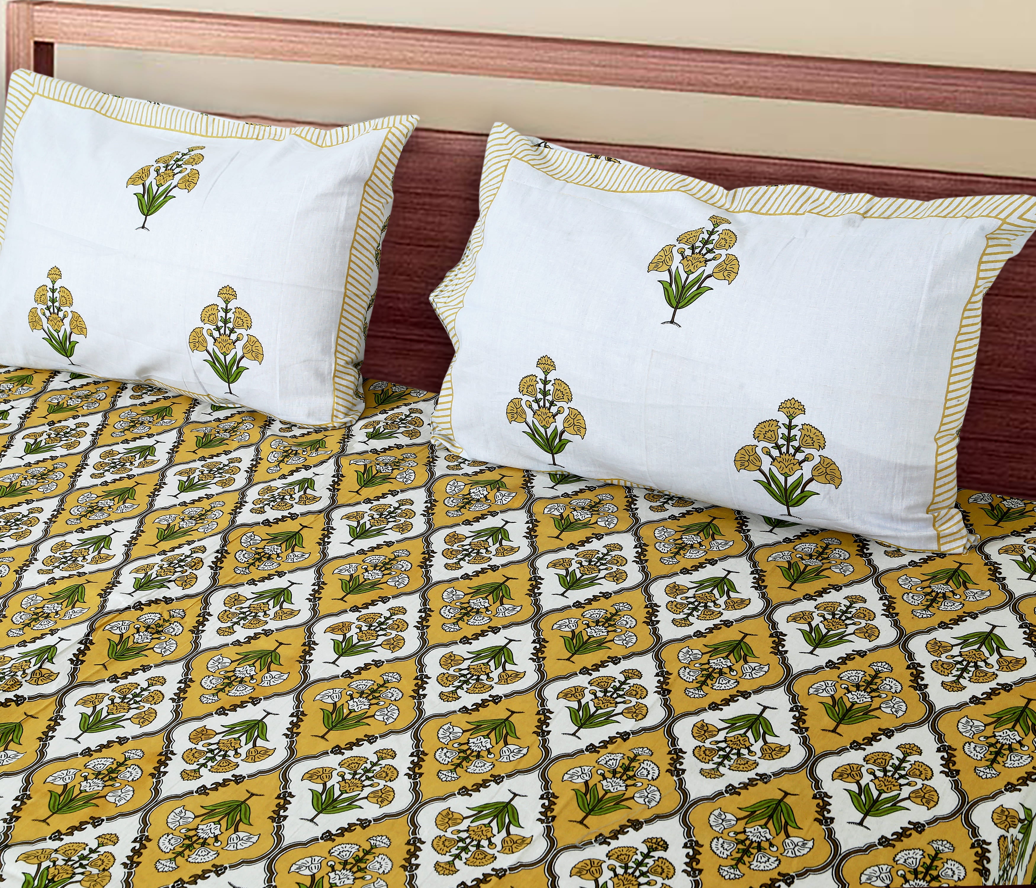 Eco Collection Cotton Double Bedsheet with Pillow Covers | Ethnic Block Print | 90x100 Inches