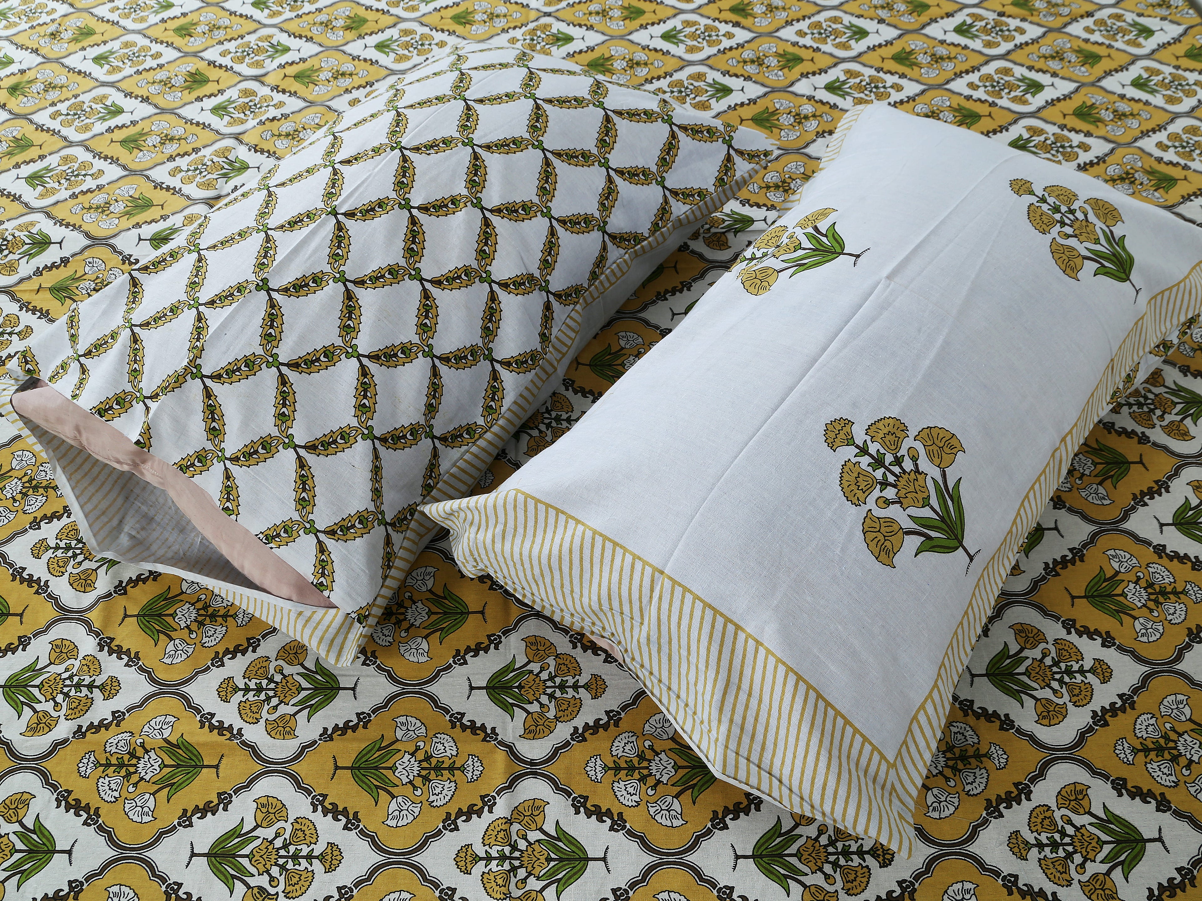 Eco Collection Cotton Double Bedsheet with Pillow Covers | Ethnic Block Print | 90x100 Inches