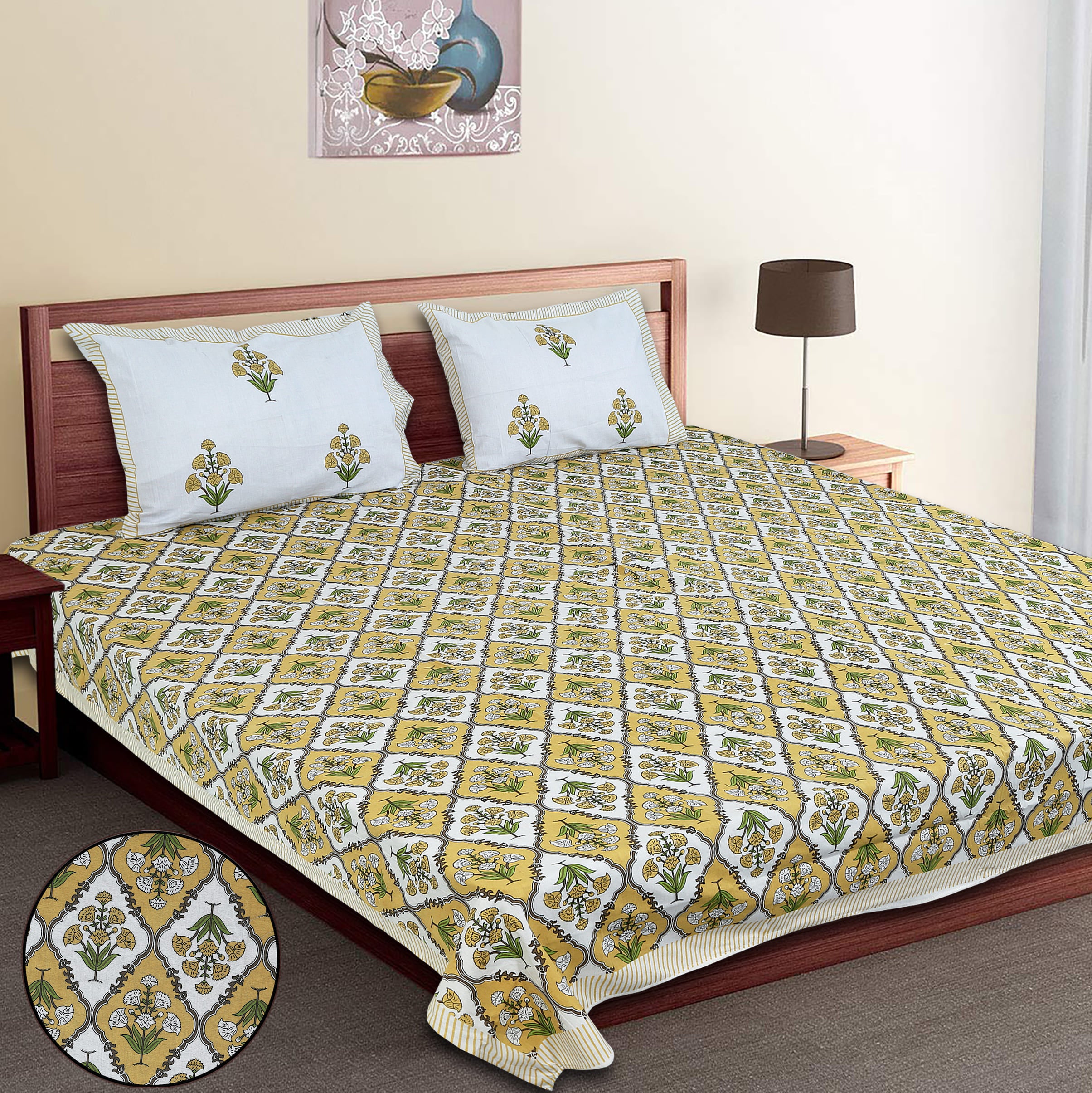 Eco Collection Cotton Double Bedsheet with Pillow Covers | Ethnic Block Print | 90x100 Inches