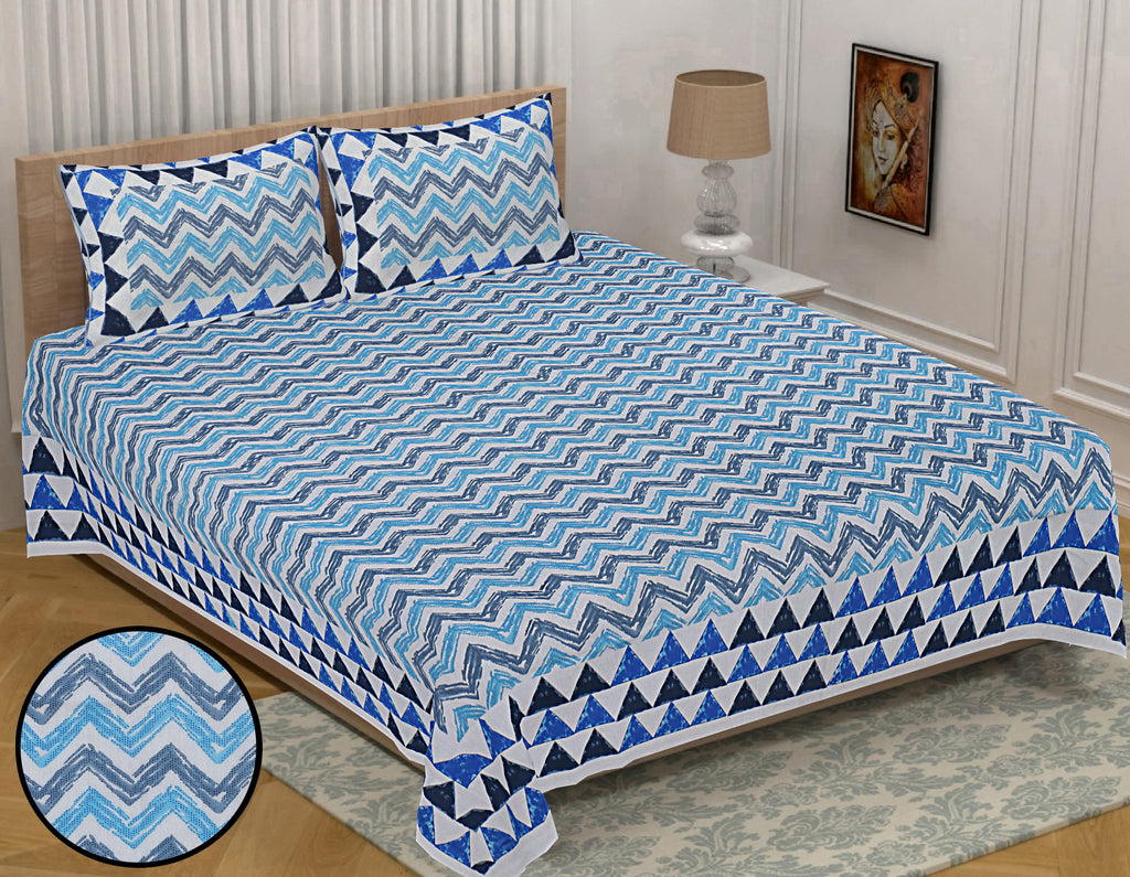 Eco Collection Cotton Double Bedsheet with Pillow Covers | Geometric Chevron Print | 90x100 Inches
