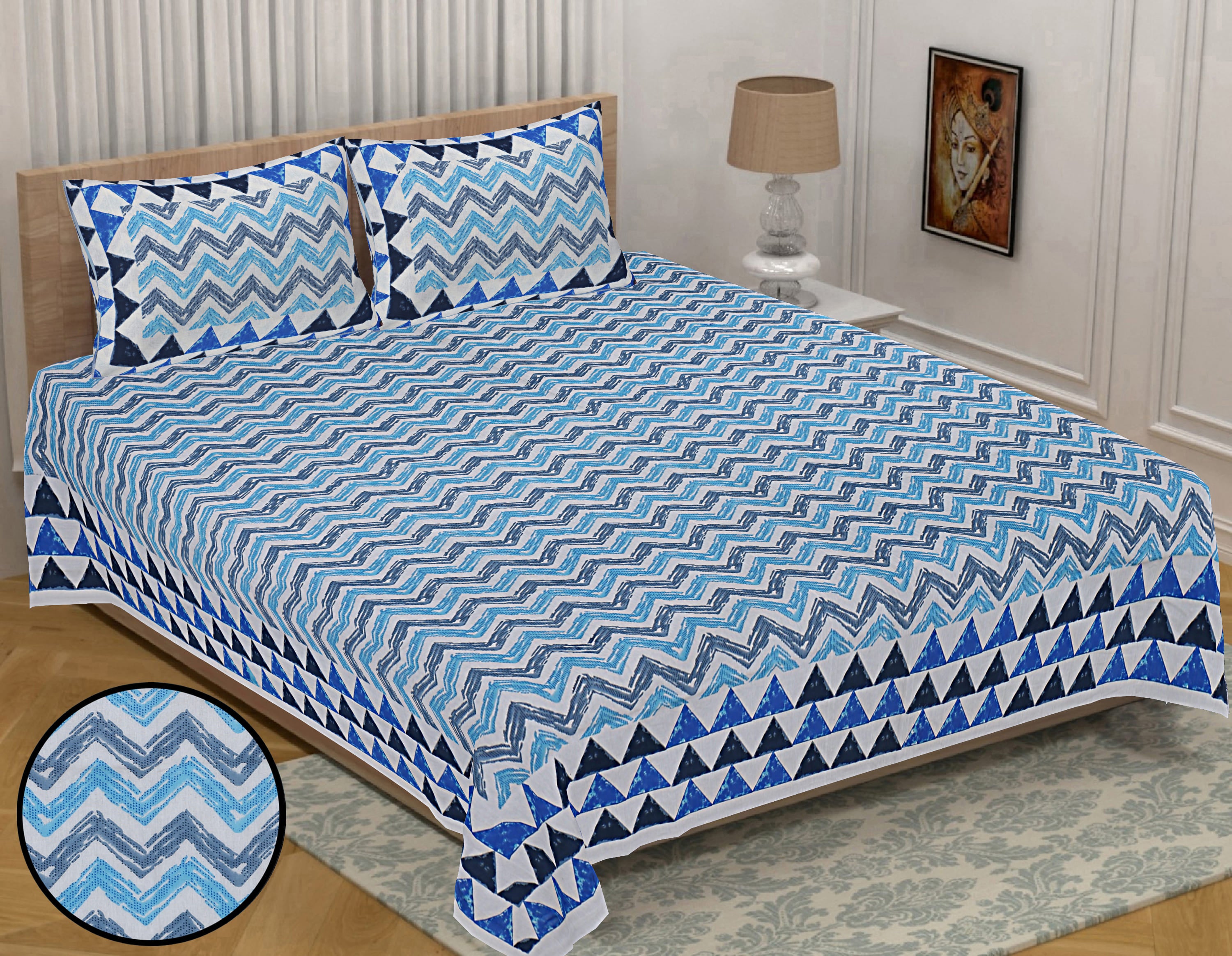 Eco Collection Cotton Double Bedsheet with Pillow Covers | Geometric Chevron Print | 90x100 Inches