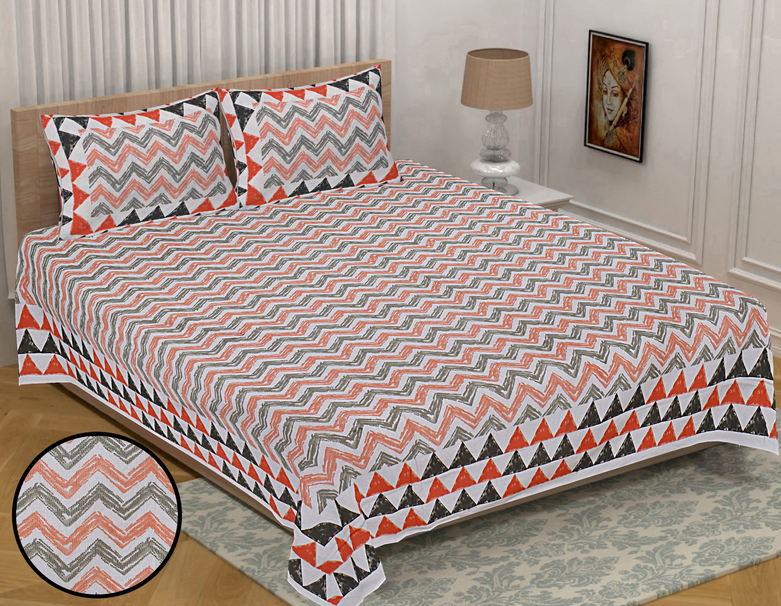 Eco Collection Cotton Double Bedsheet with Pillow Covers | Geometric Chevron Print | 90x100 Inches