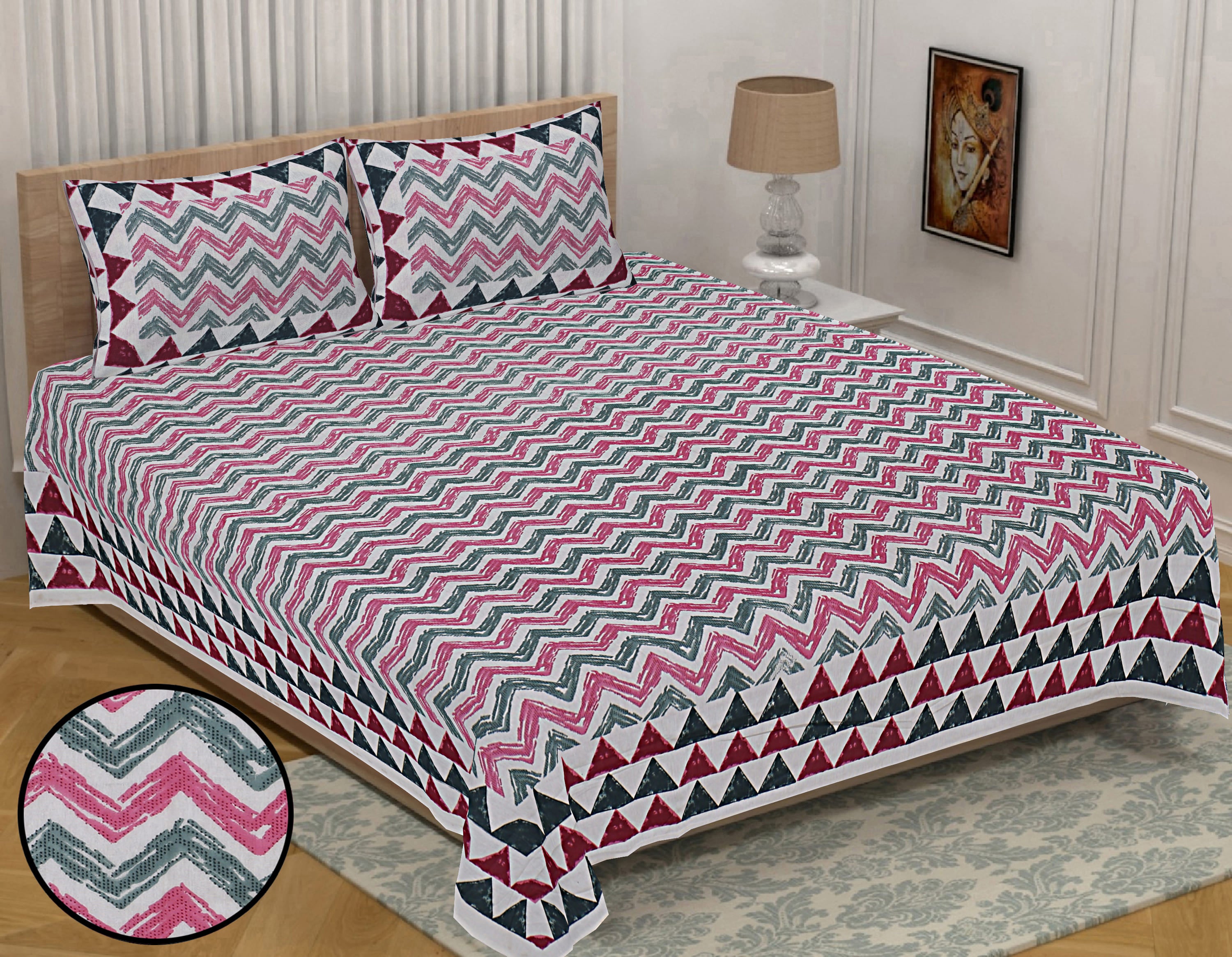 Eco Collection Cotton Double Bedsheet with Pillow Covers | Geometric Chevron Print | 90x100 Inches