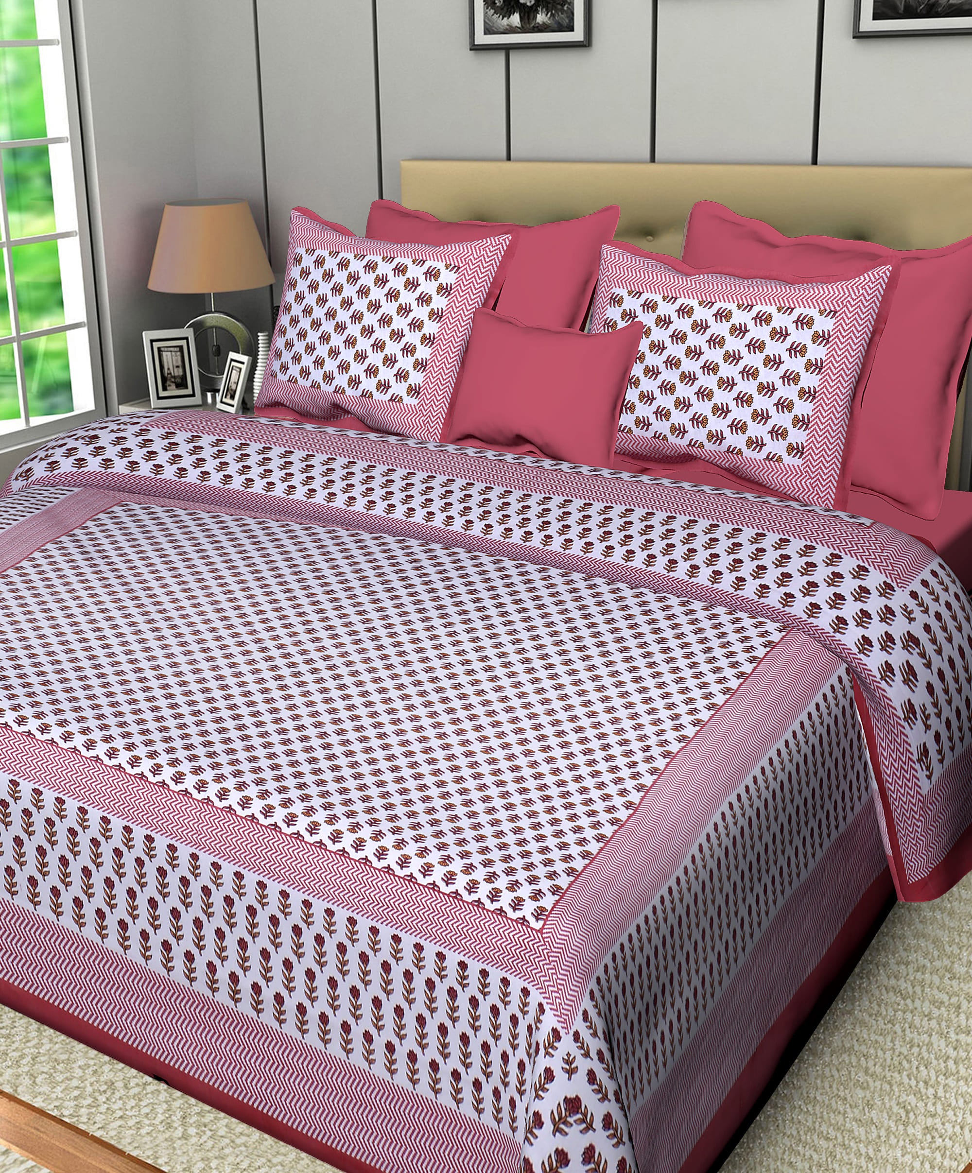 Eco Collection Cotton Double Bedsheet with Pillow Covers | Floral Print | 90x100 Inches