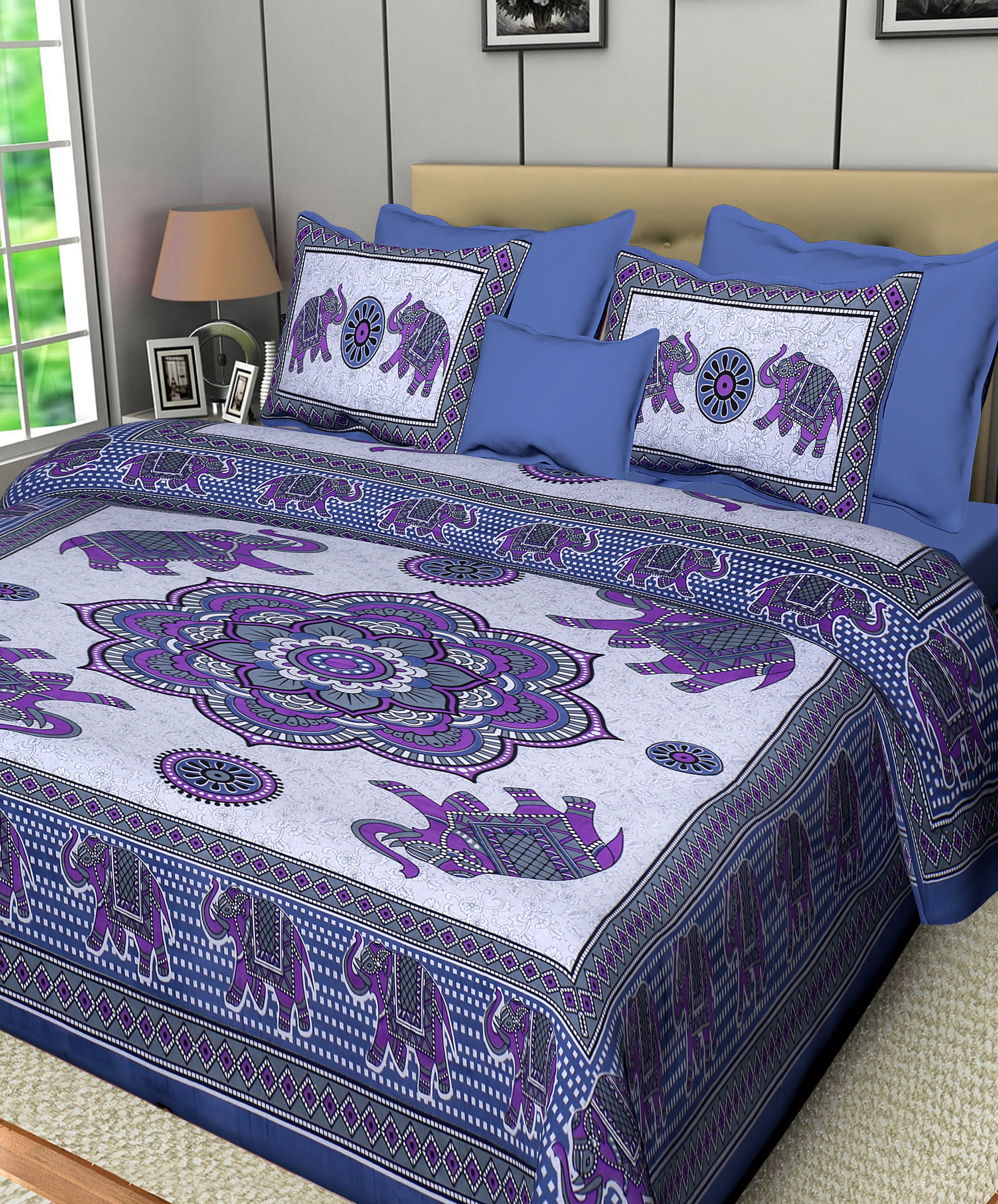 Eco Collection Cotton Double Bedsheet with Pillow Covers | Elephant & Mandala Print | 90x100 Inches