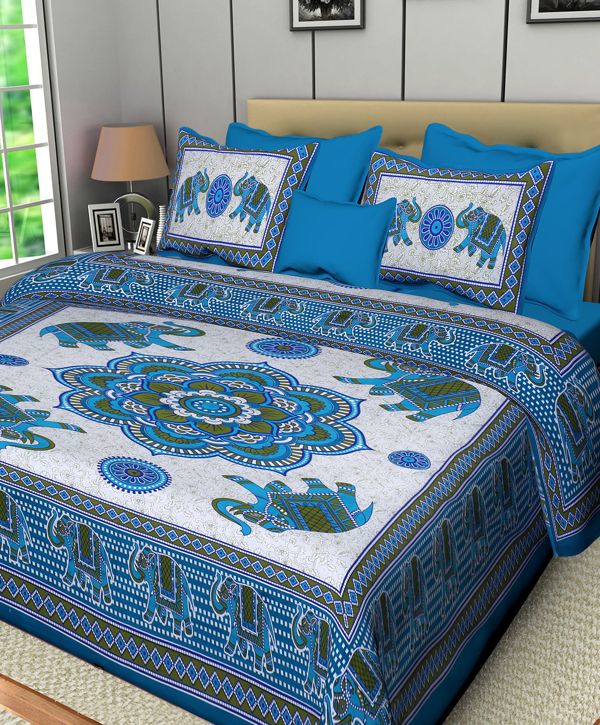 Eco Collection Cotton Double Bedsheet with Pillow Covers | Elephant & Mandala Print | 90x100 Inches