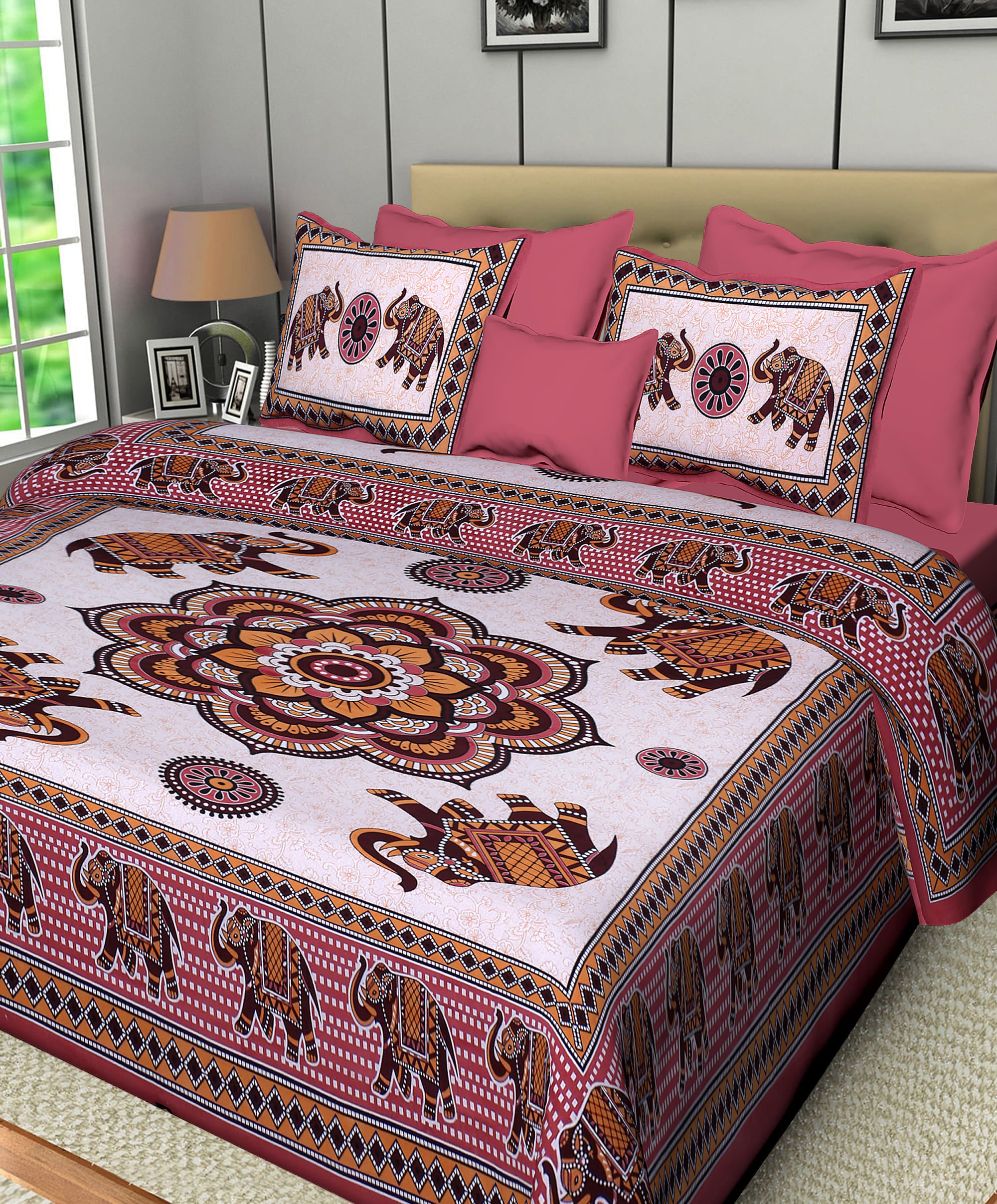 Eco Collection Cotton Double Bedsheet with Pillow Covers | Elephant & Mandala Print | 90x100 Inches