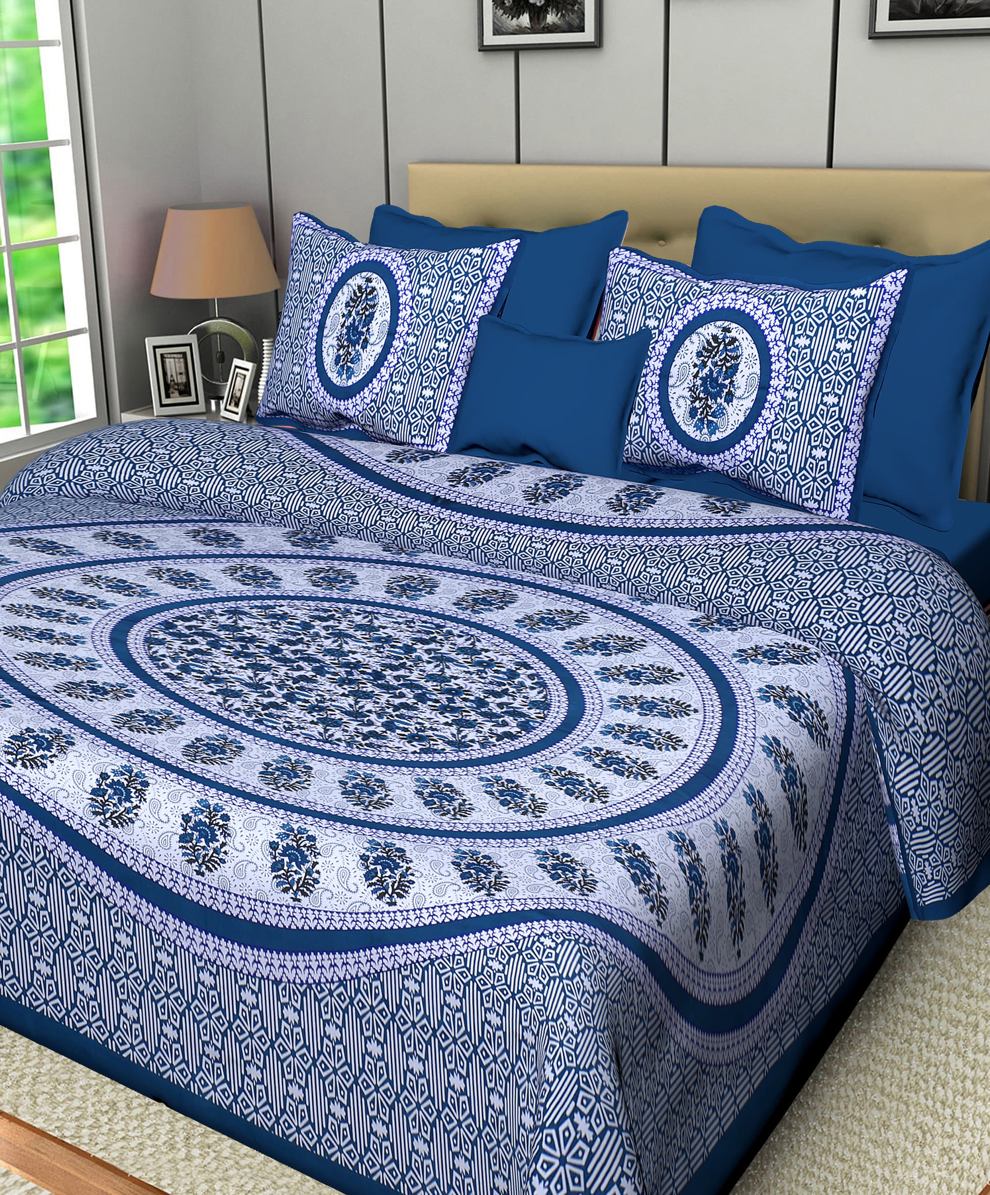 Eco Collection Cotton Double Bedsheet with Pillow Covers | Mandala Print | 90x100 Inches