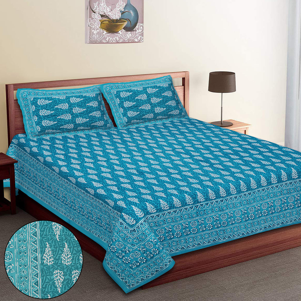 Eco Collection Cotton Double Bedsheet with Pillow Covers | Leaf Print | 90x100 Inches