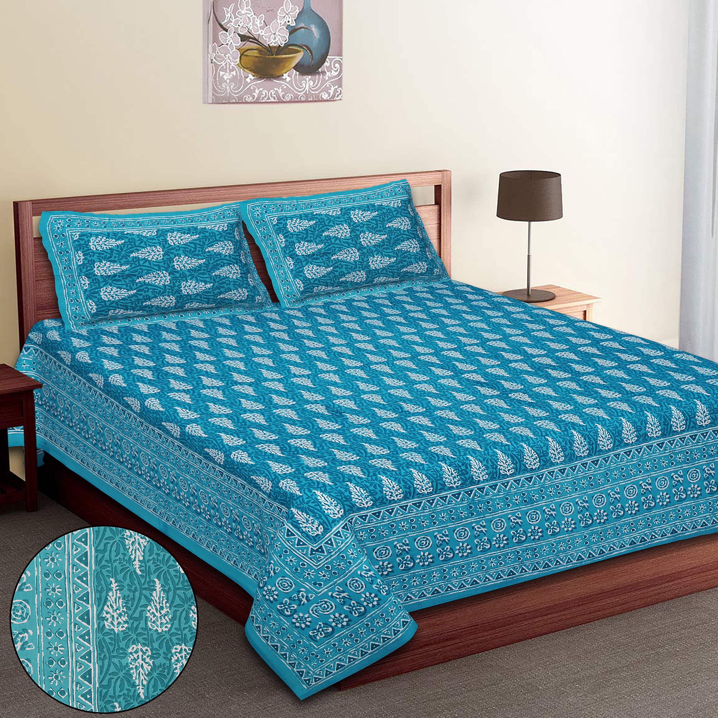Eco Collection Cotton Double Bedsheet with Pillow Covers | Leaf Print | 90x100 Inches