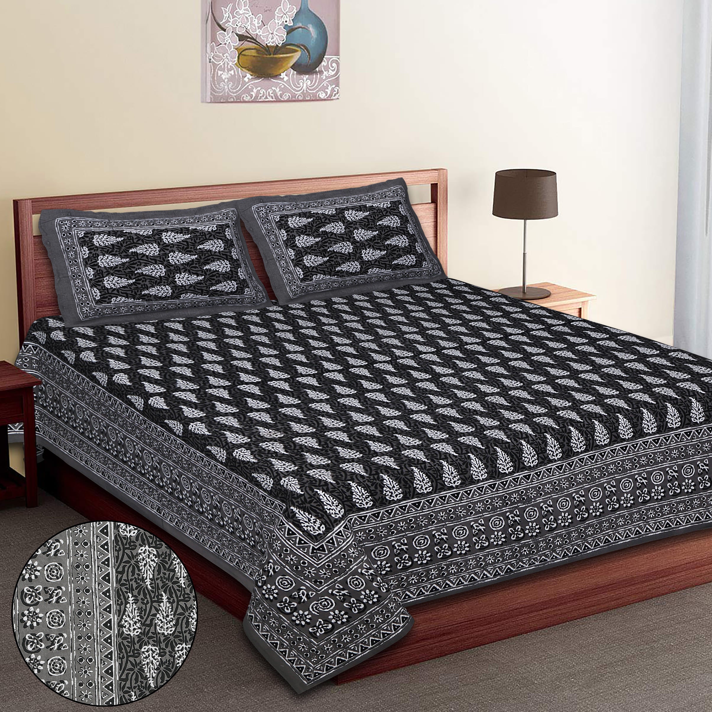 Eco Collection Cotton Double Bedsheet with Pillow Covers | Leaf Print | 90x100 Inches