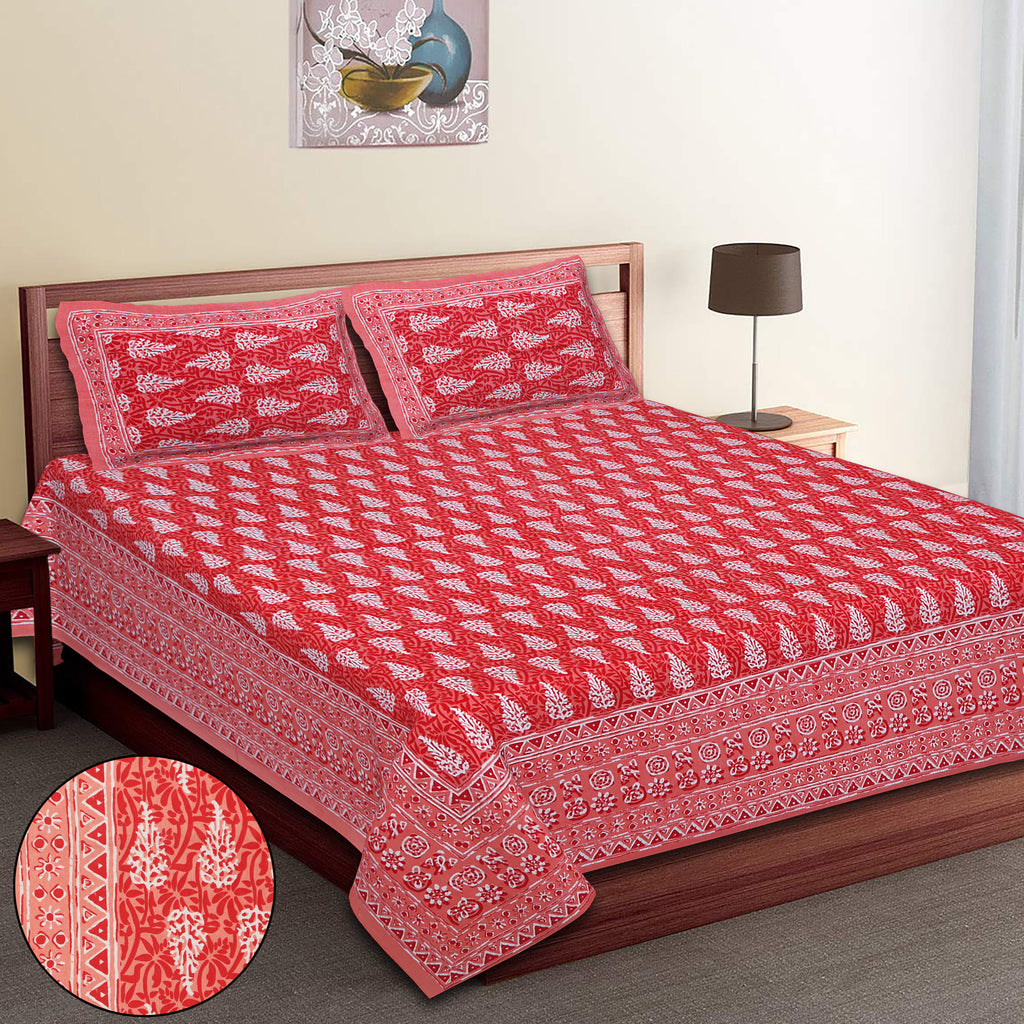 Eco Collection Cotton Double Bedsheet with Pillow Covers | Leaf Print | 90x100 Inches