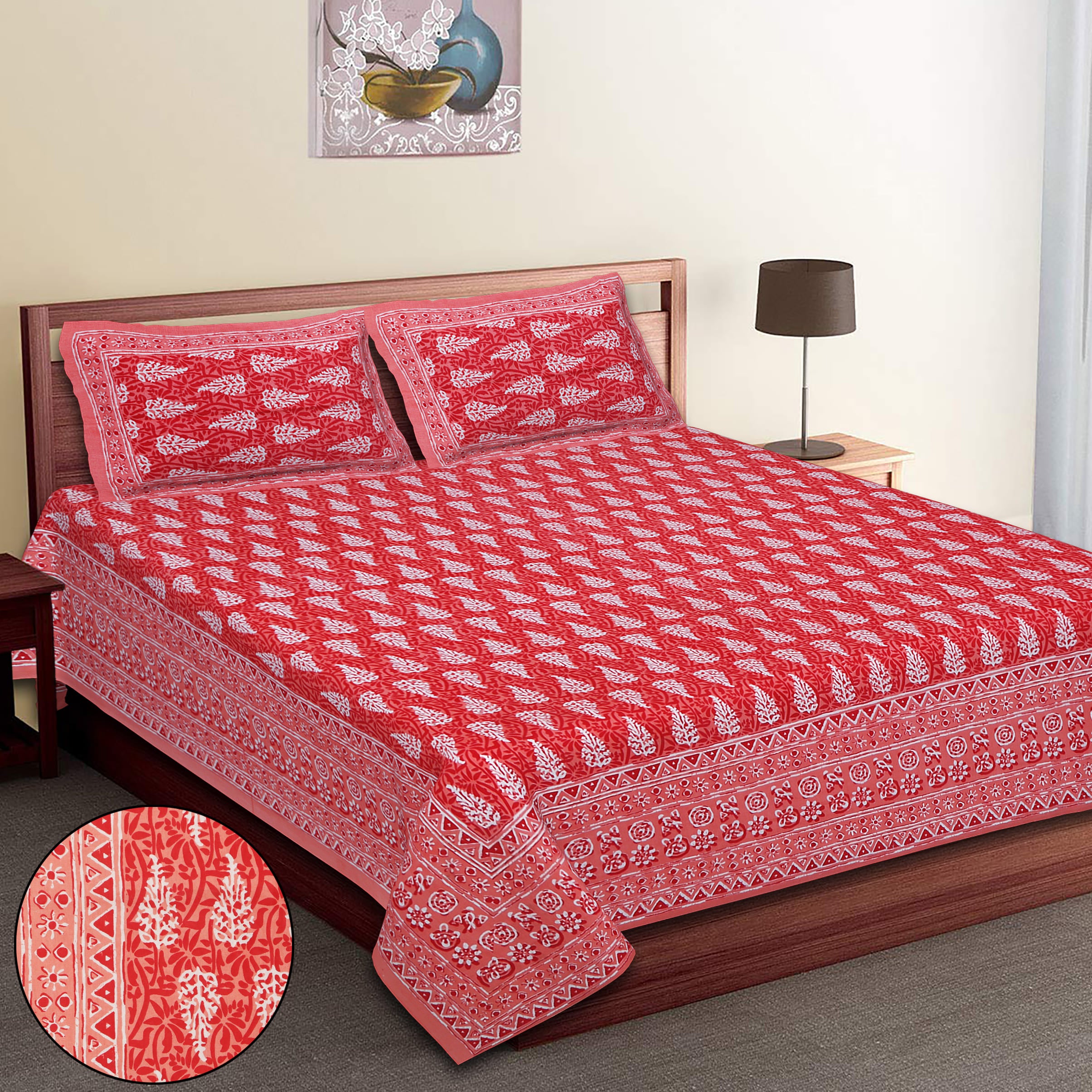 Eco Collection Cotton Double Bedsheet with Pillow Covers | Leaf Print | 90x100 Inches