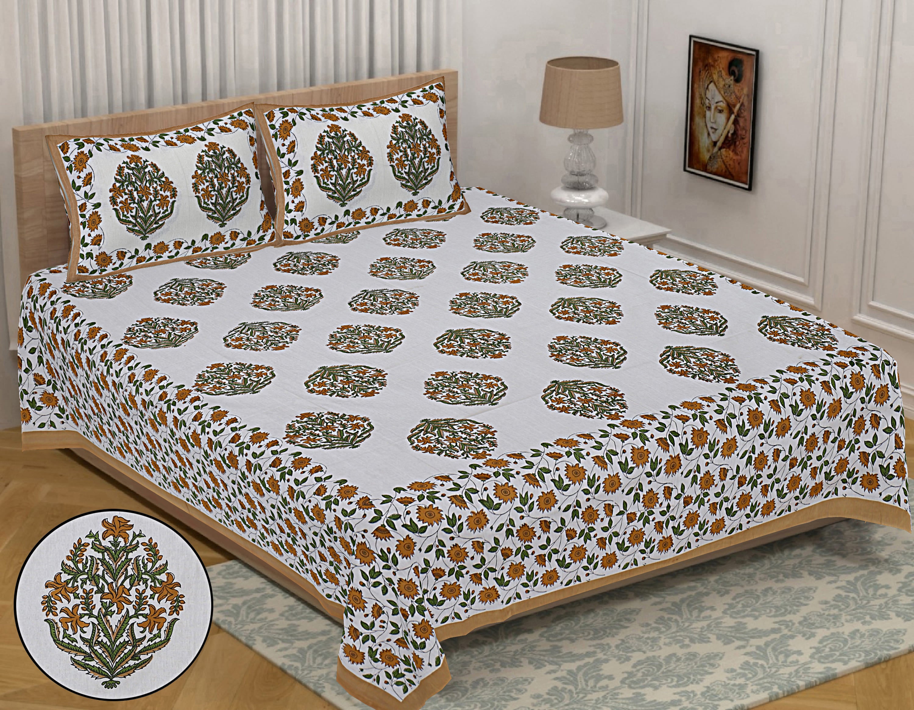 Eco Collection Cotton Floral Print Double Bedsheet with 2 Pillow Covers | 90x100 Inches
