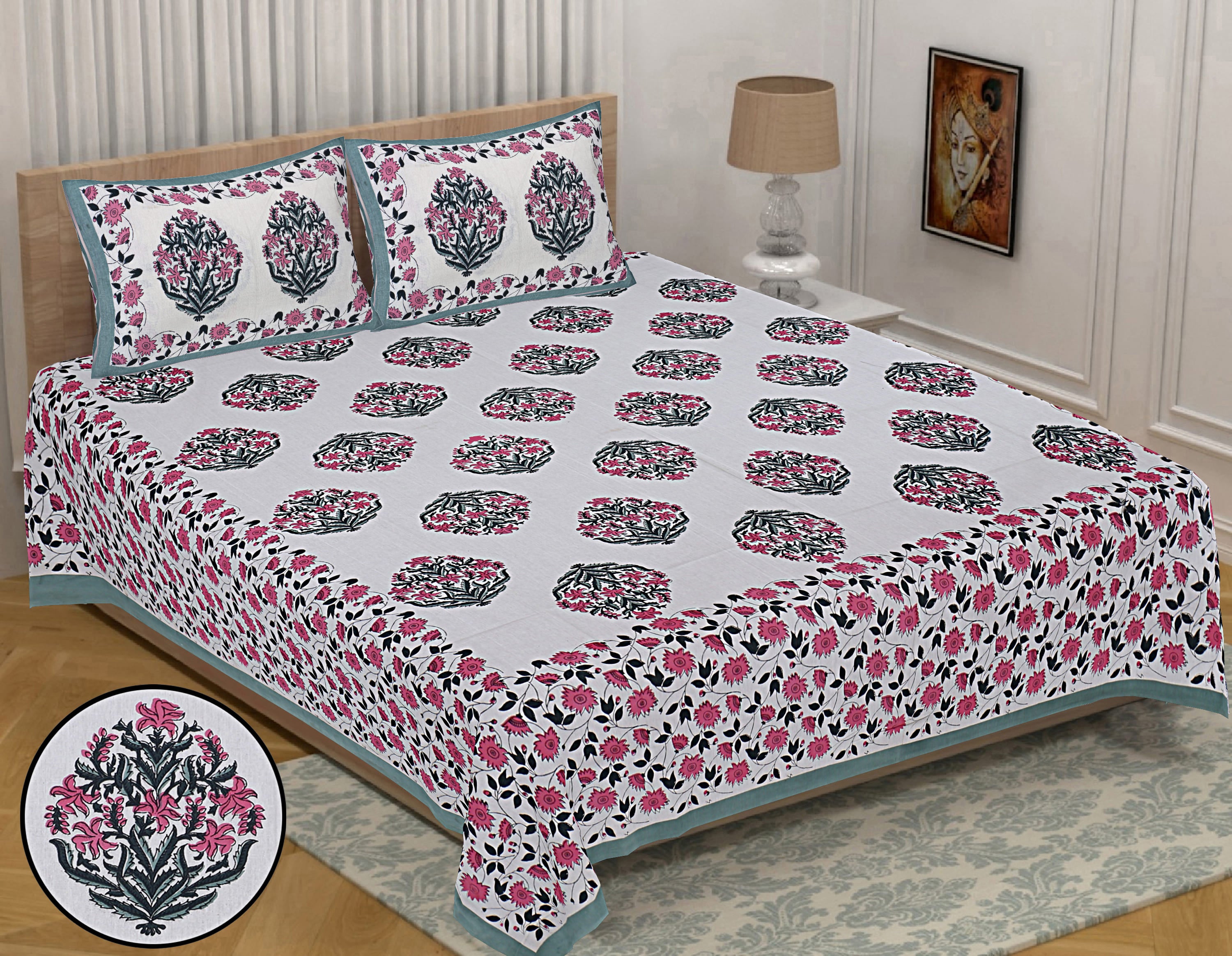 Eco Collection Cotton Floral Print Double Bedsheet with 2 Pillow Covers | 90x100 Inches
