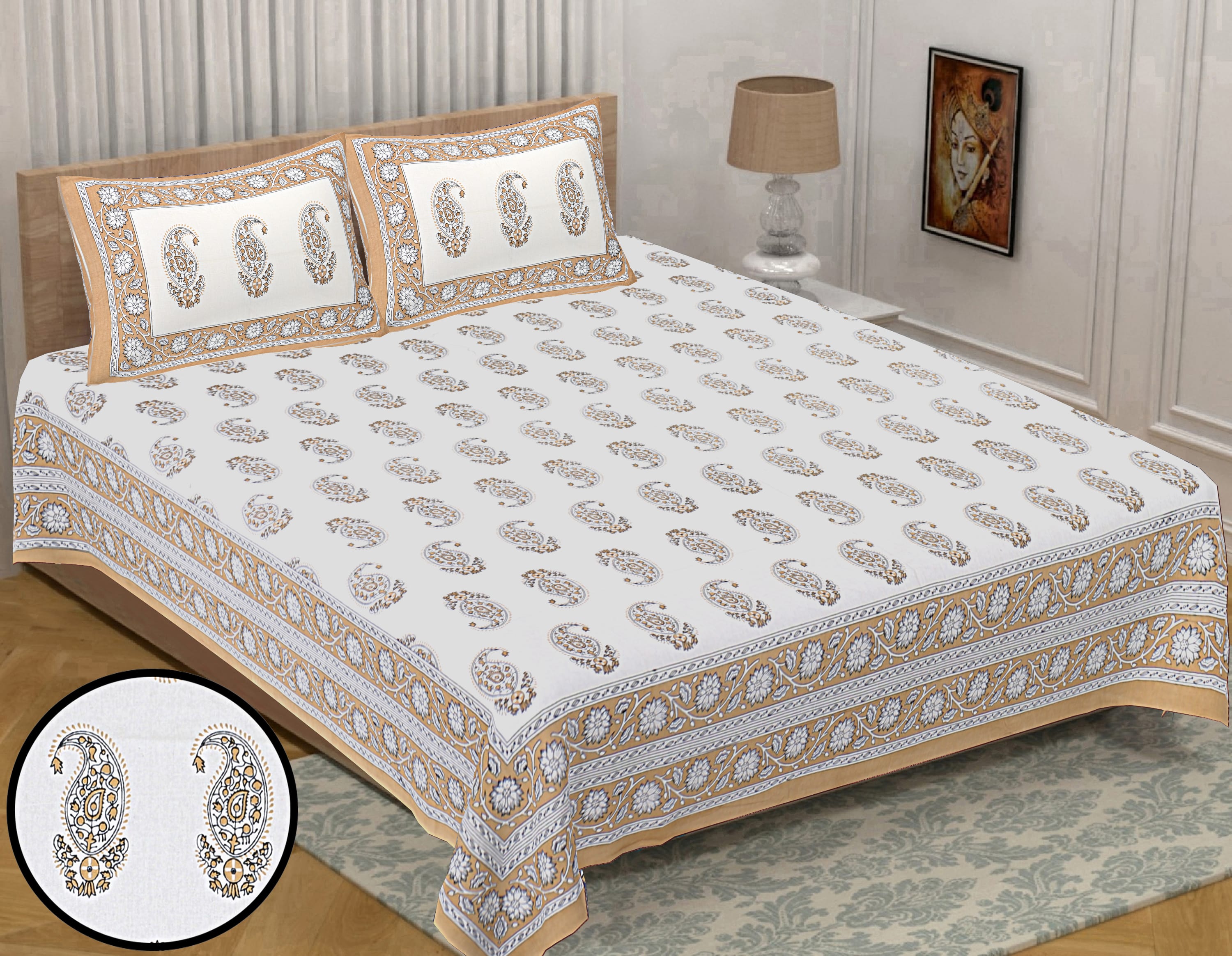 Eco Collection Cotton Paisley Print Double Bedsheet with 2 Pillow Covers | 90x100 Inches