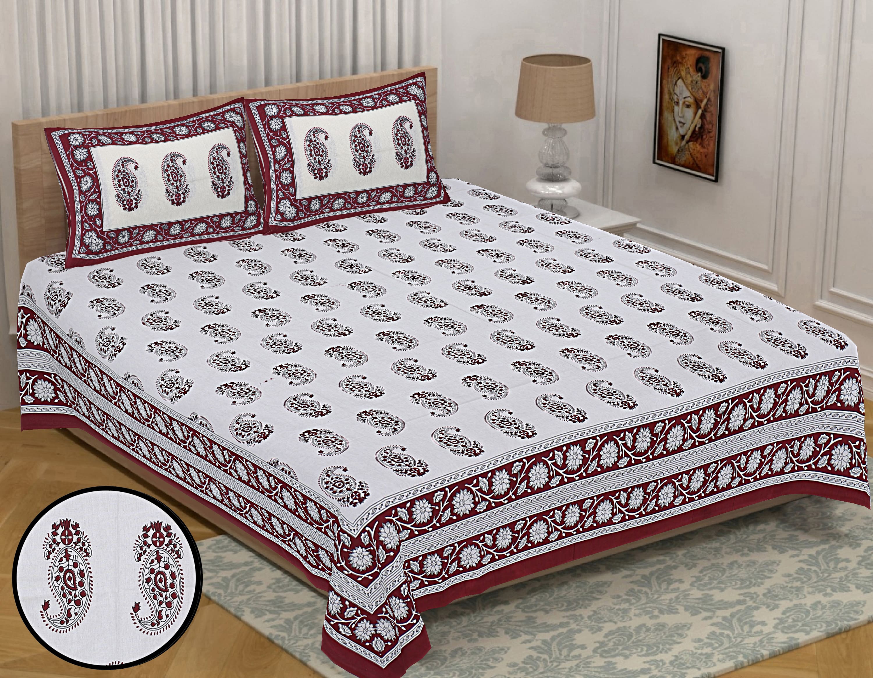 Eco Collection Cotton Paisley Print Double Bedsheet with 2 Pillow Covers | 90x100 Inches