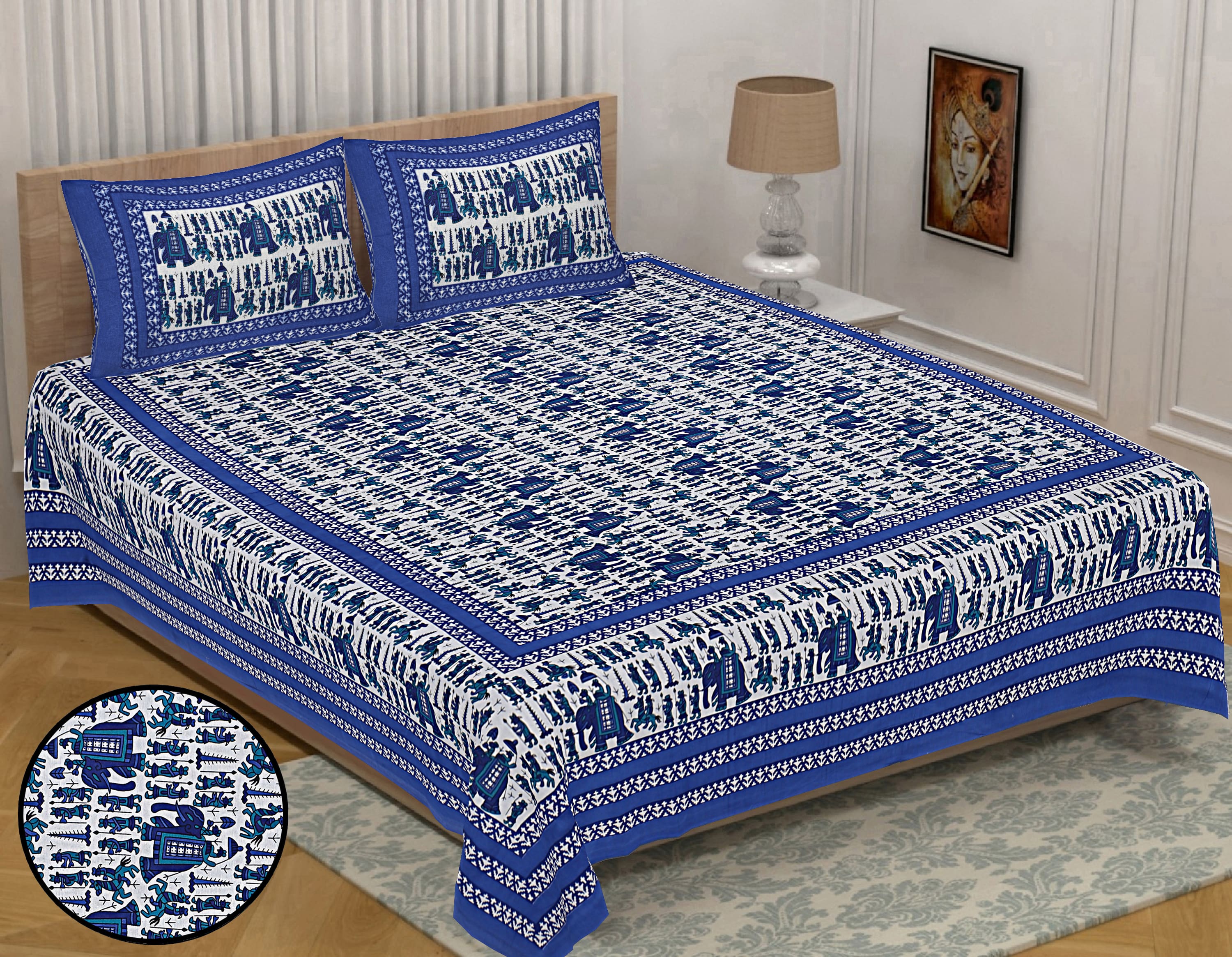 Eco Collection Cotton Elephant Print Double Bedsheet with 2 Pillow Covers | 90x100 Inches