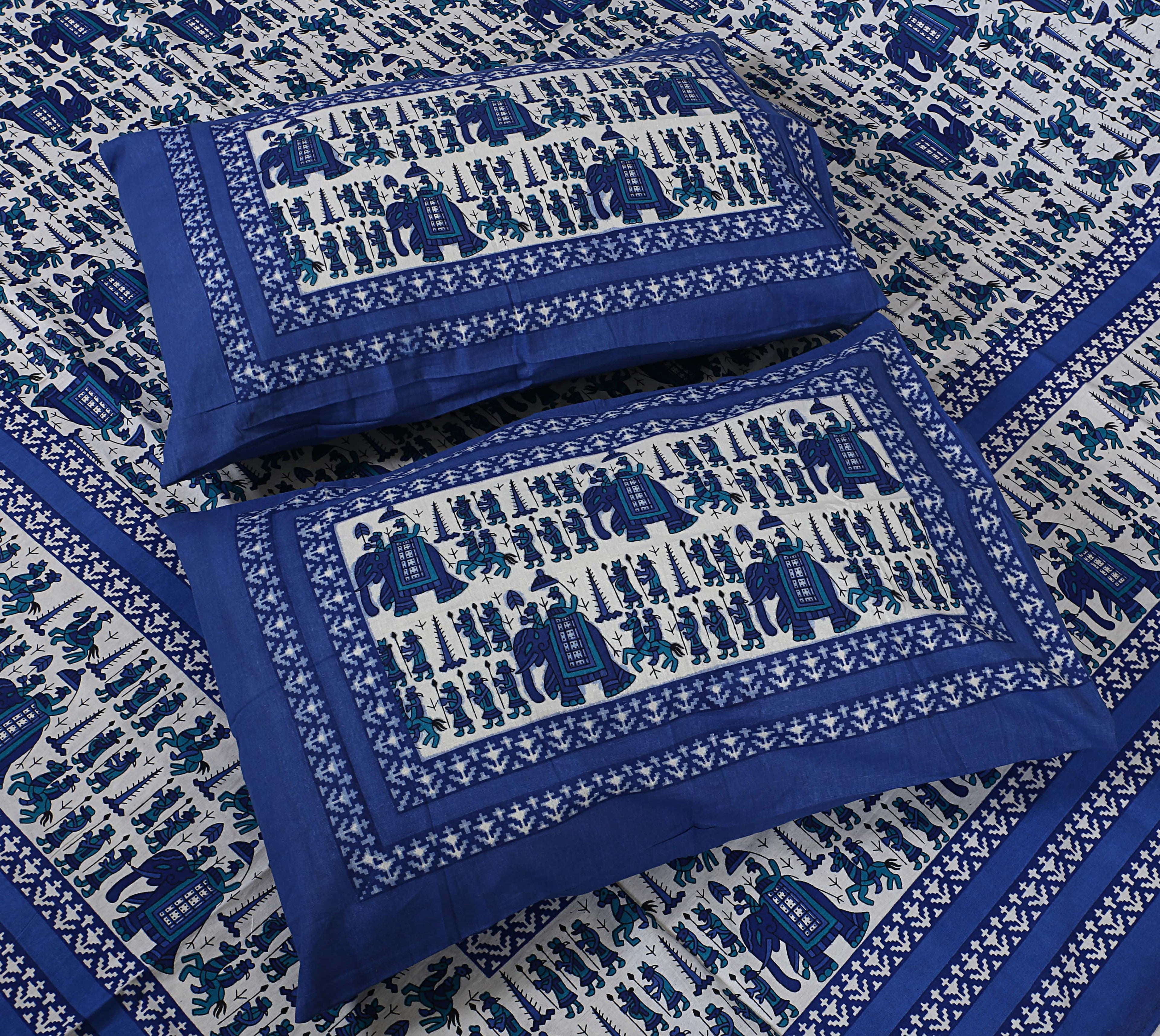 Eco Collection Cotton Elephant Print Double Bedsheet with 2 Pillow Covers | 90x100 Inches