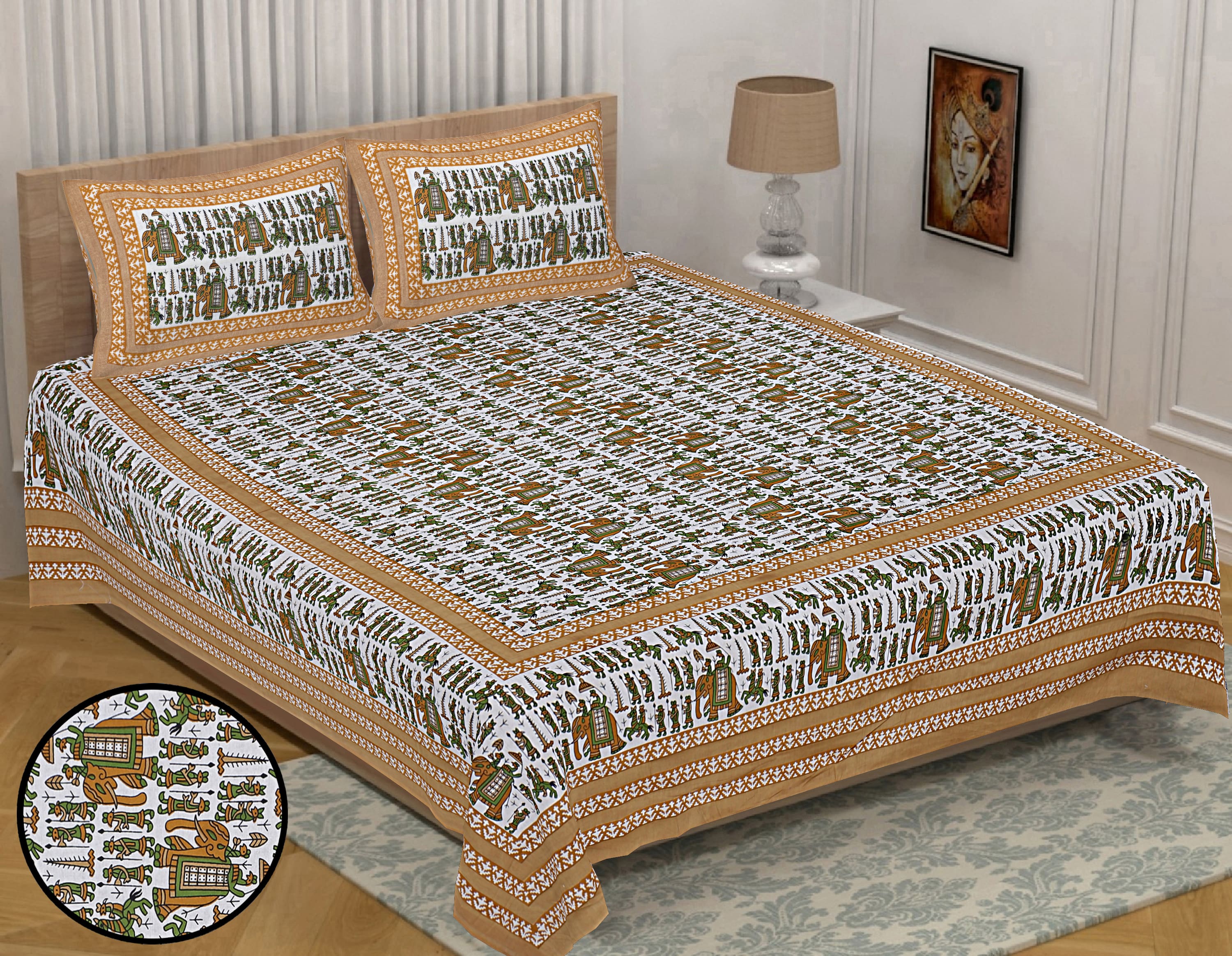 Eco Collection Cotton Elephant Print Double Bedsheet with 2 Pillow Covers | 90x100 Inches