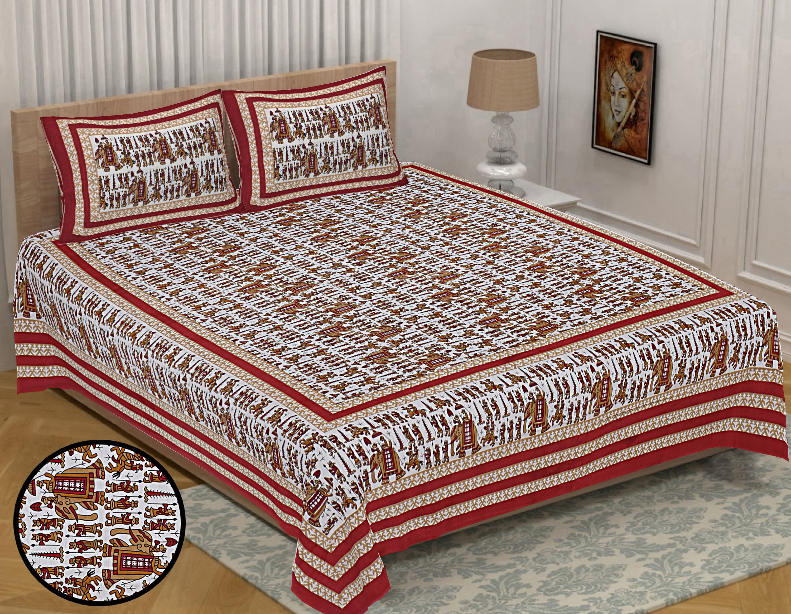 Eco Collection Cotton Elephant Print Double Bedsheet with 2 Pillow Covers | 90x100 Inches