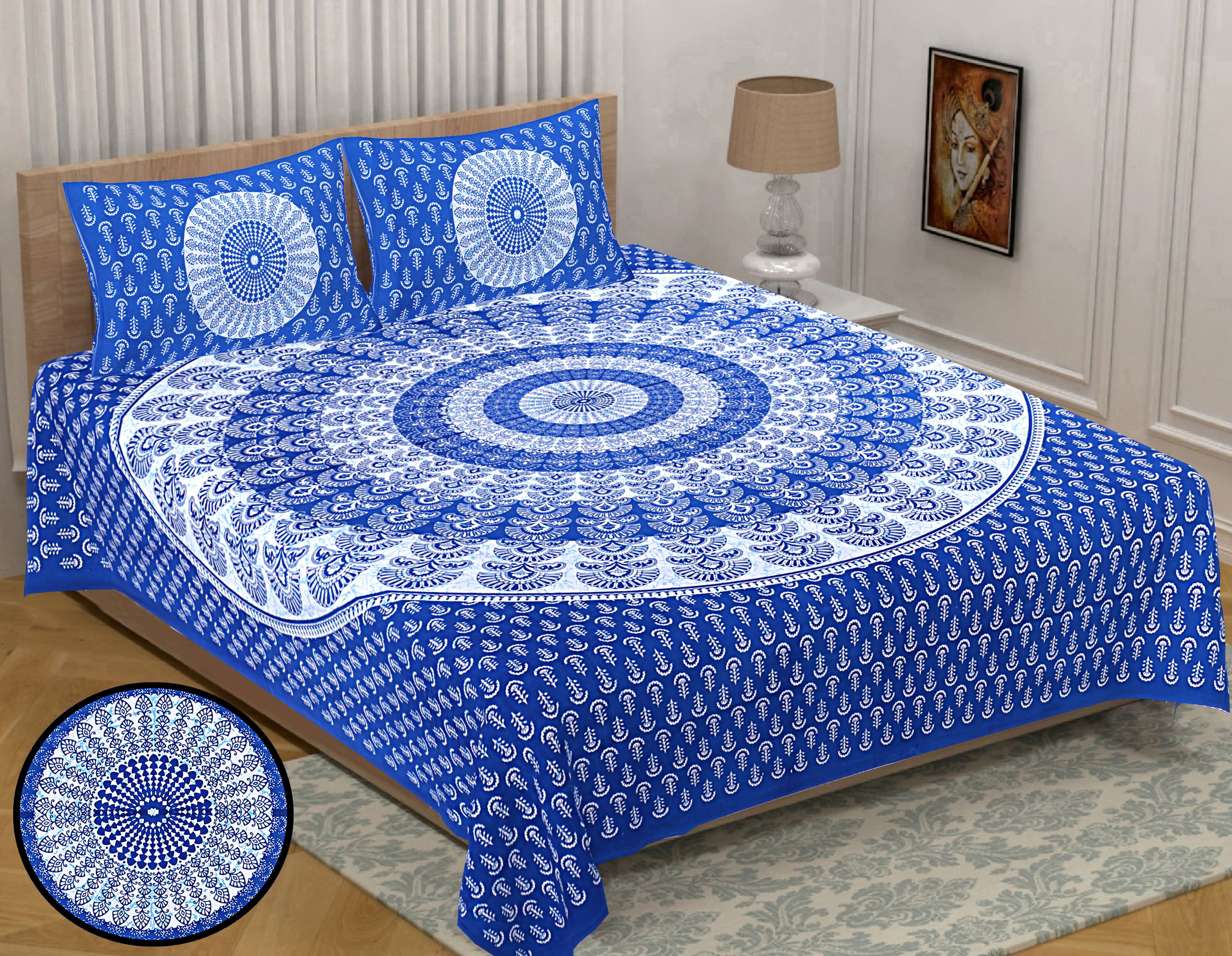 Eco Collection Traditional Round Mandala Cotton Bedsheet with 2 Pillow Covers | 90x100 Inches