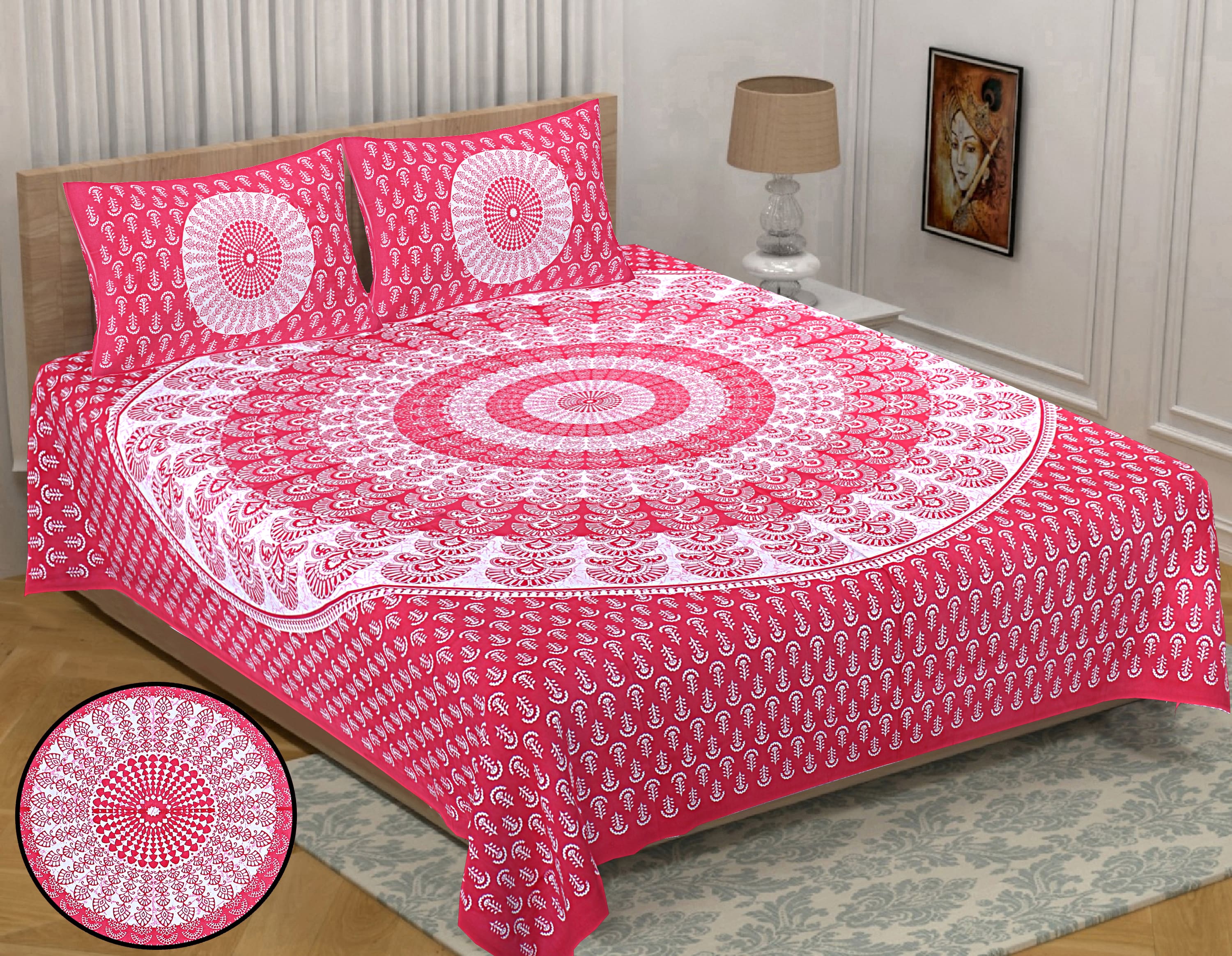 Eco Collection Traditional Round Mandala Cotton Bedsheet with 2 Pillow Covers | 90x100 Inches
