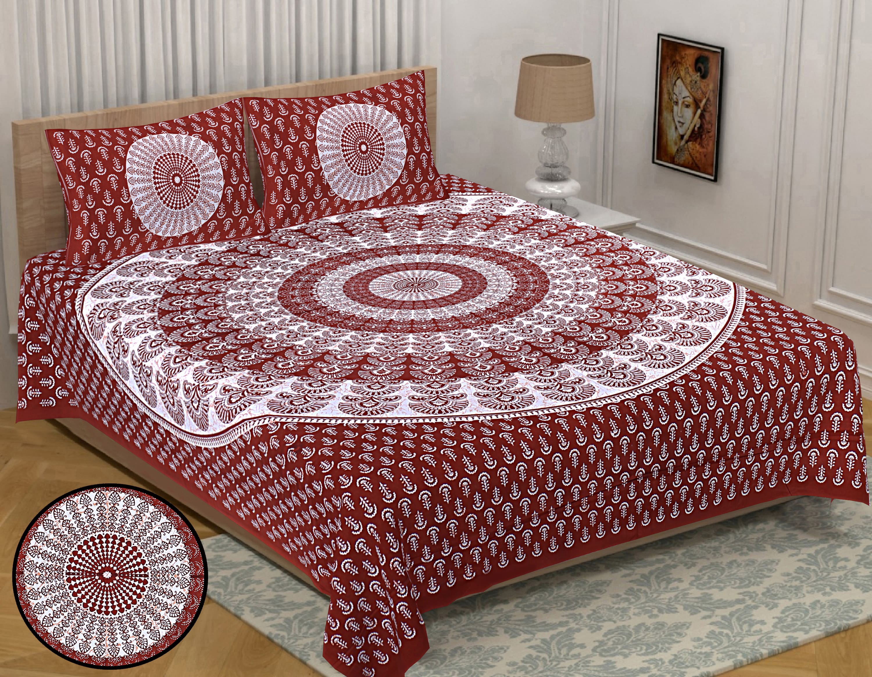 Eco Collection Traditional Round Mandala Cotton Bedsheet with 2 Pillow Covers | 90x100 Inches