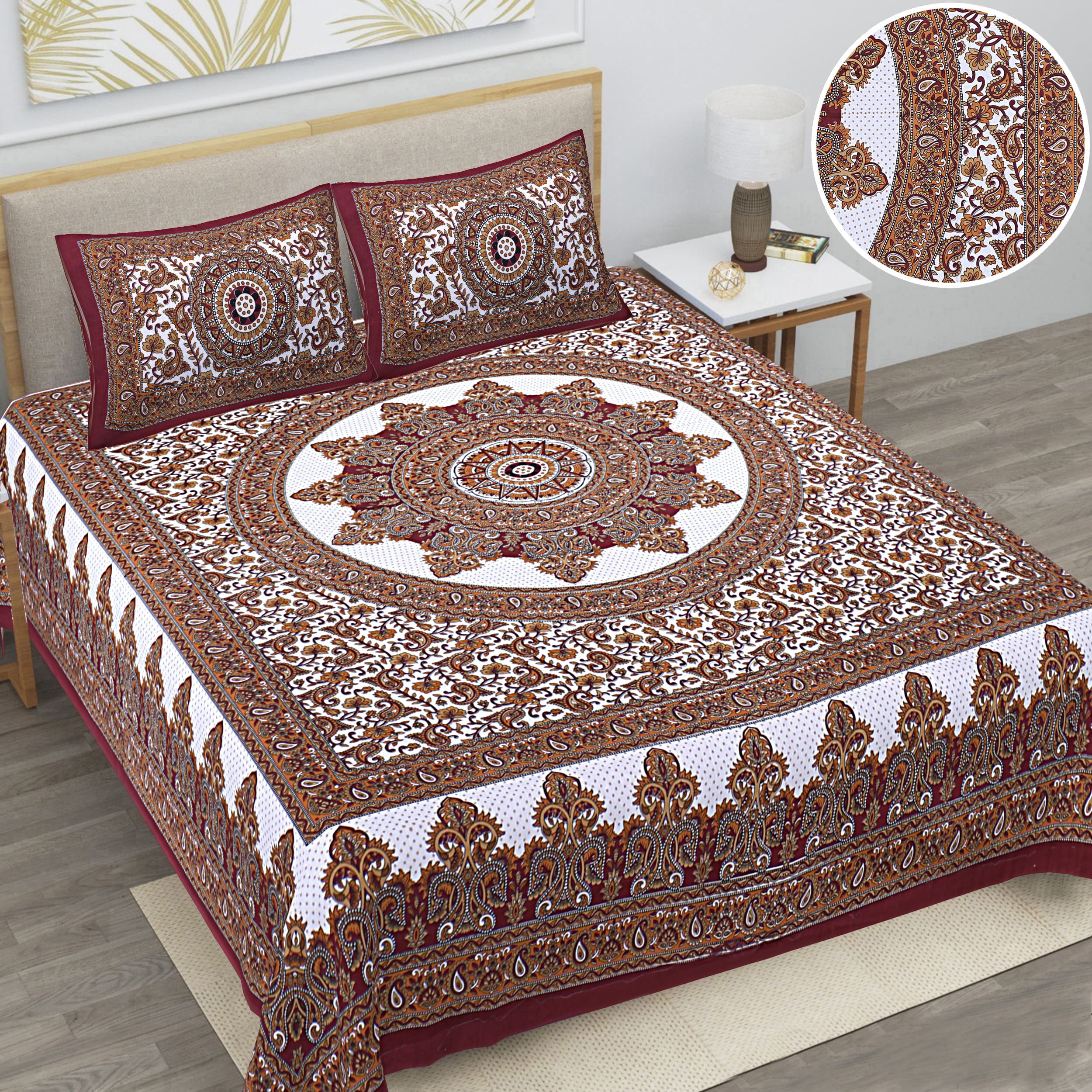 Eco Collection Star Mandala Cotton Bedsheet with 2 Pillow Covers | Premium 70x100 Inches