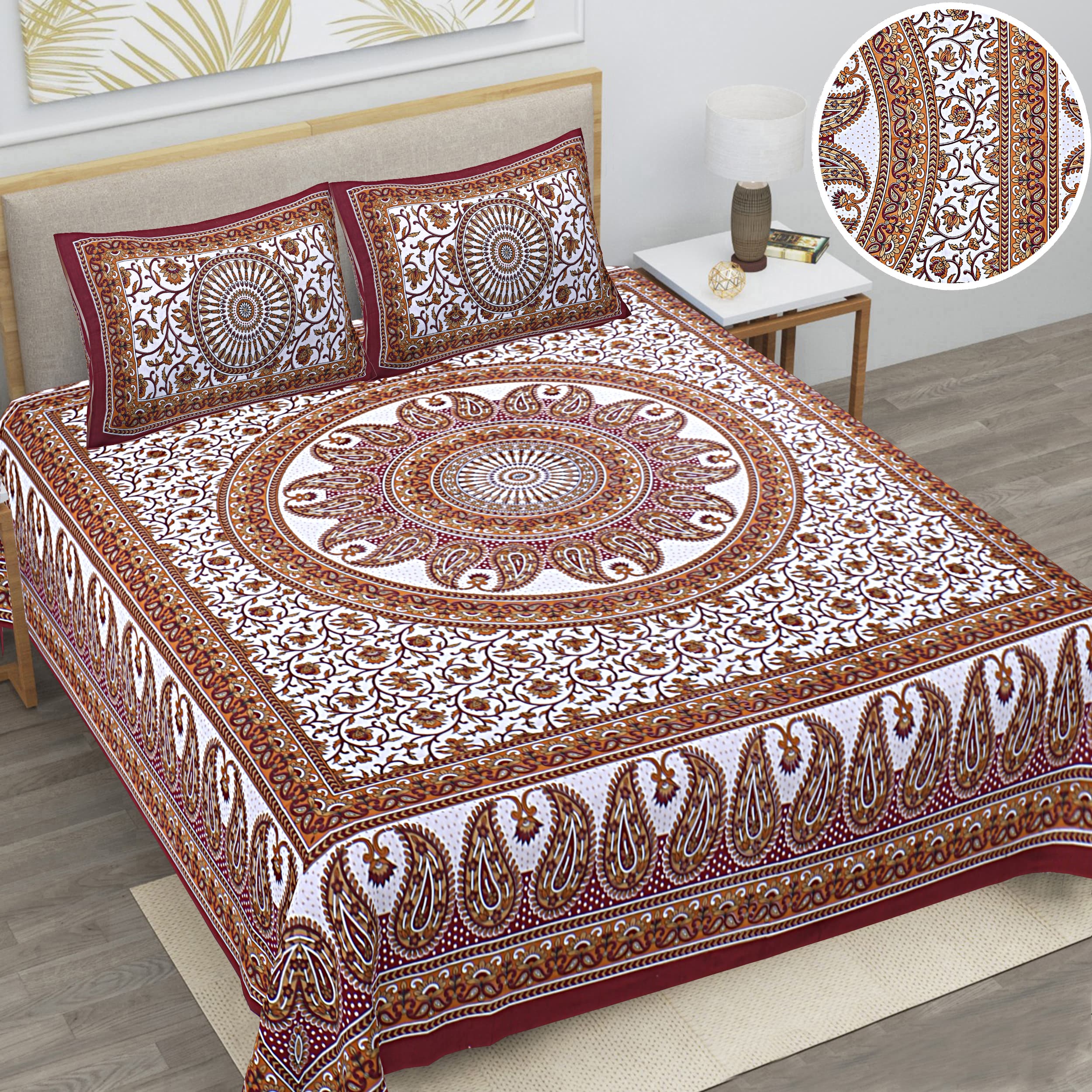 Eco Collection Mandala Print Cotton Bedsheet with 2 Pillow Covers | Premium 70x100 Inches