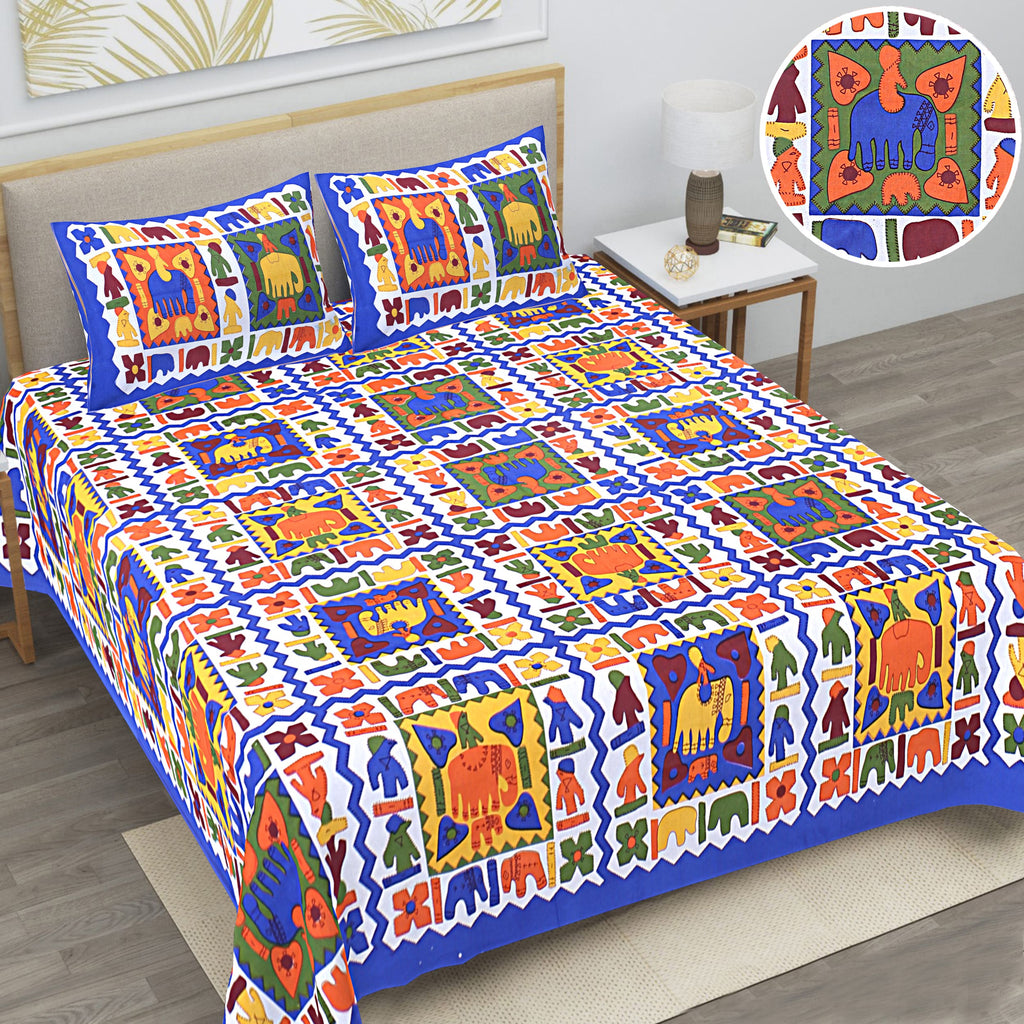 Eco Cotton Double Bedsheet with Traditional Block Tile Print – 90x100 Inches + 2 Pillow Covers