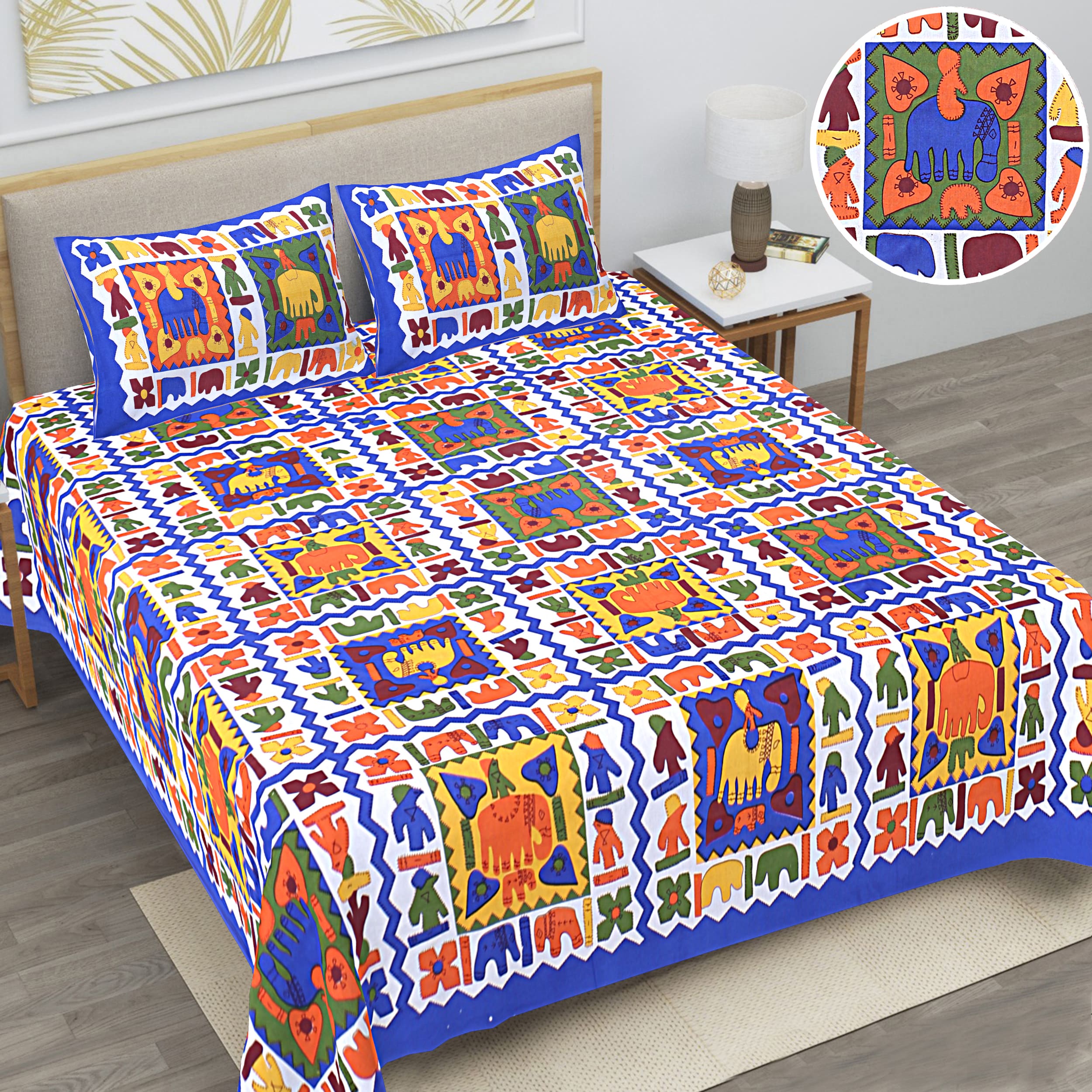 Eco Cotton Double Bedsheet with Traditional Block Tile Print – 90x100 Inches + 2 Pillow Covers